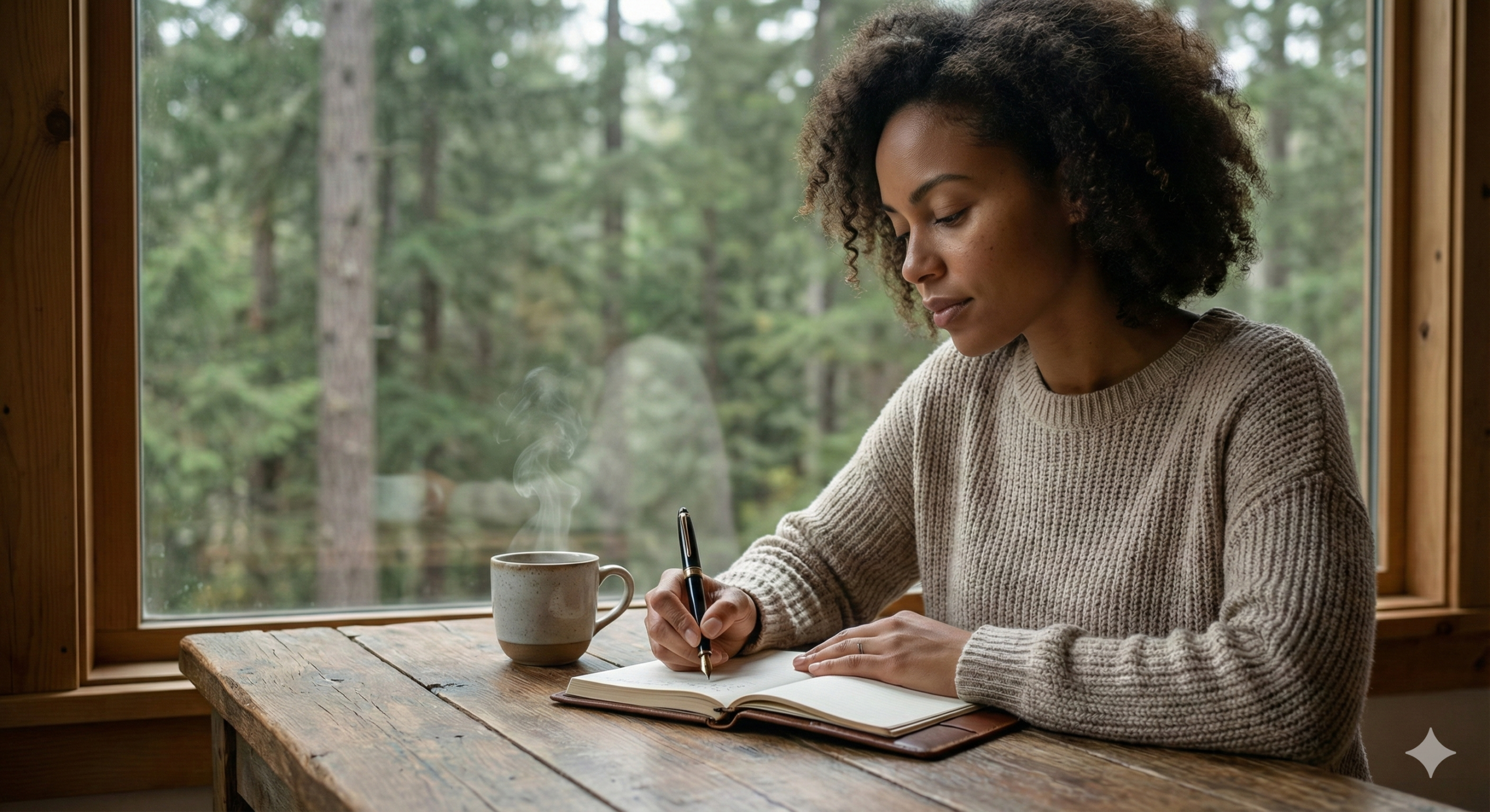 정성스러운 콘텐츠 제작을 상징하는 숲속 서재에서 기록하는 여성 모델