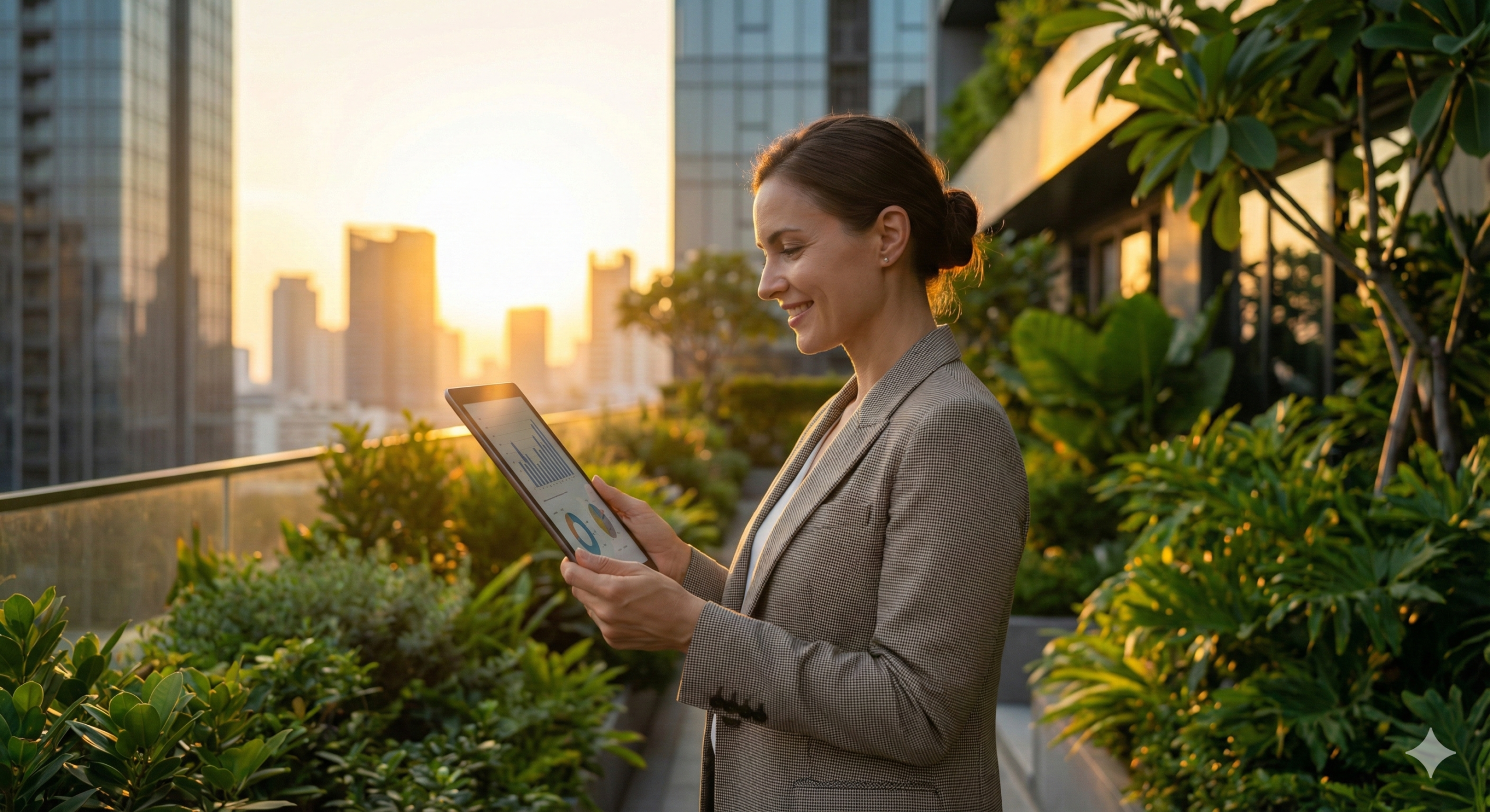 데이터 분석을 통한 성취와 성장을 상징하는 노을 지는 루프탑의 여성 모델