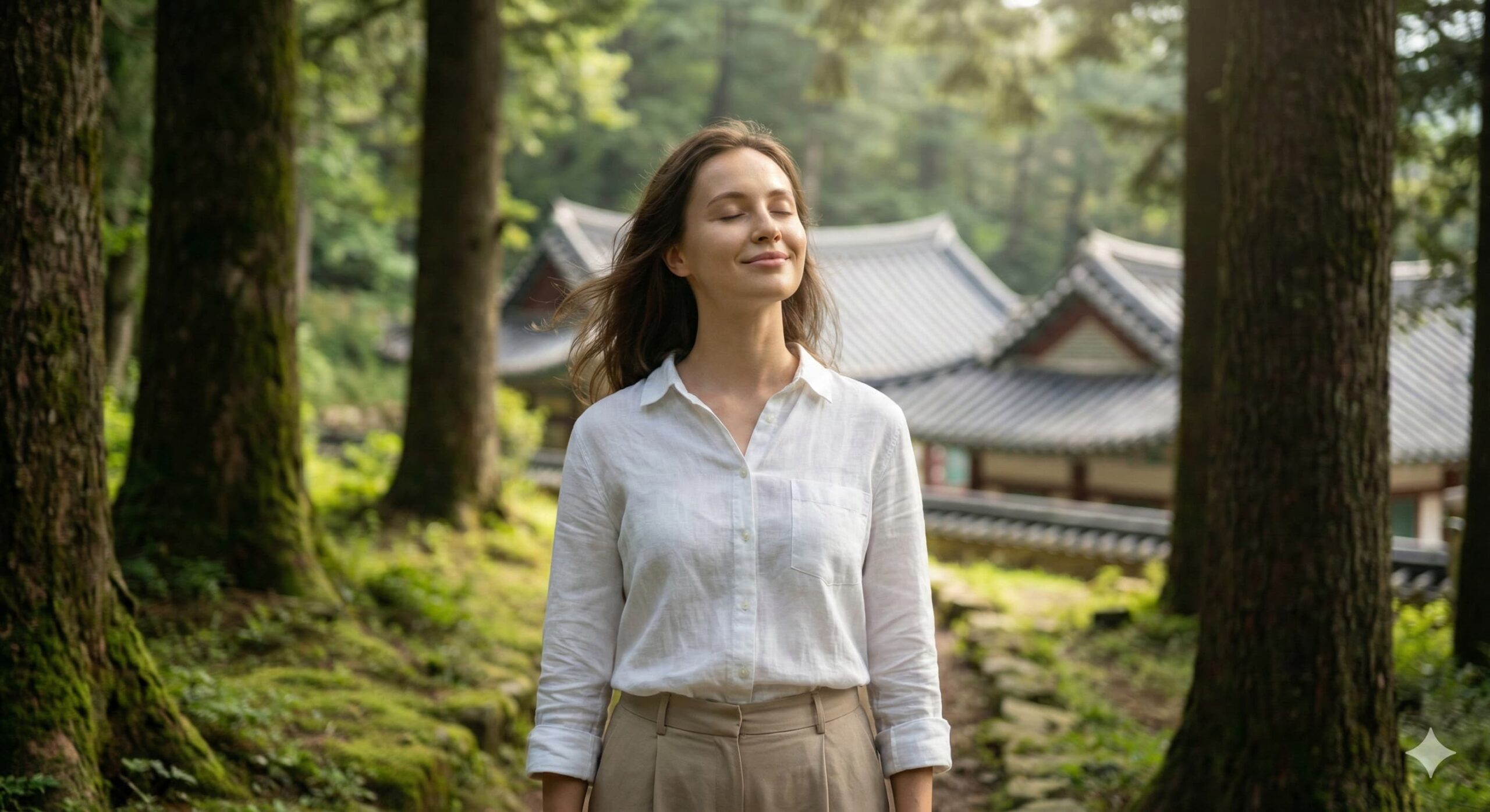 고요한 숲속 사찰 마당에 서서 눈을 감고 바람을 느끼는 지적이고 아름다운 젊은 여성, 템플스테이 힐링 썸네일