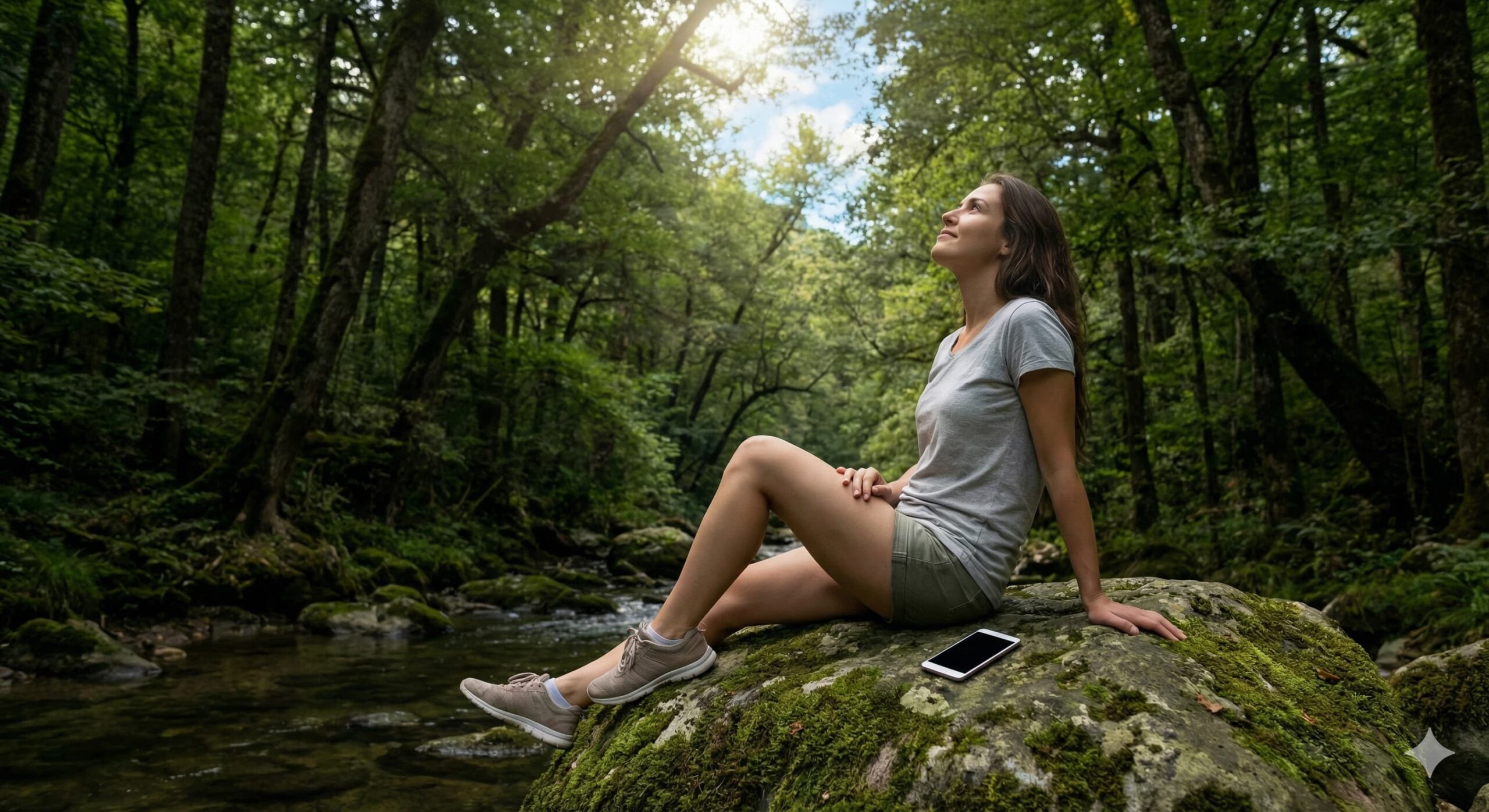 템플스테이에 참가하고 숲 속 바위에 앉아 스마트폰을 내려놓고 먼 산을 바라보며 휴식을 하는 젊은 여성, 디지털 디톡스와 명상