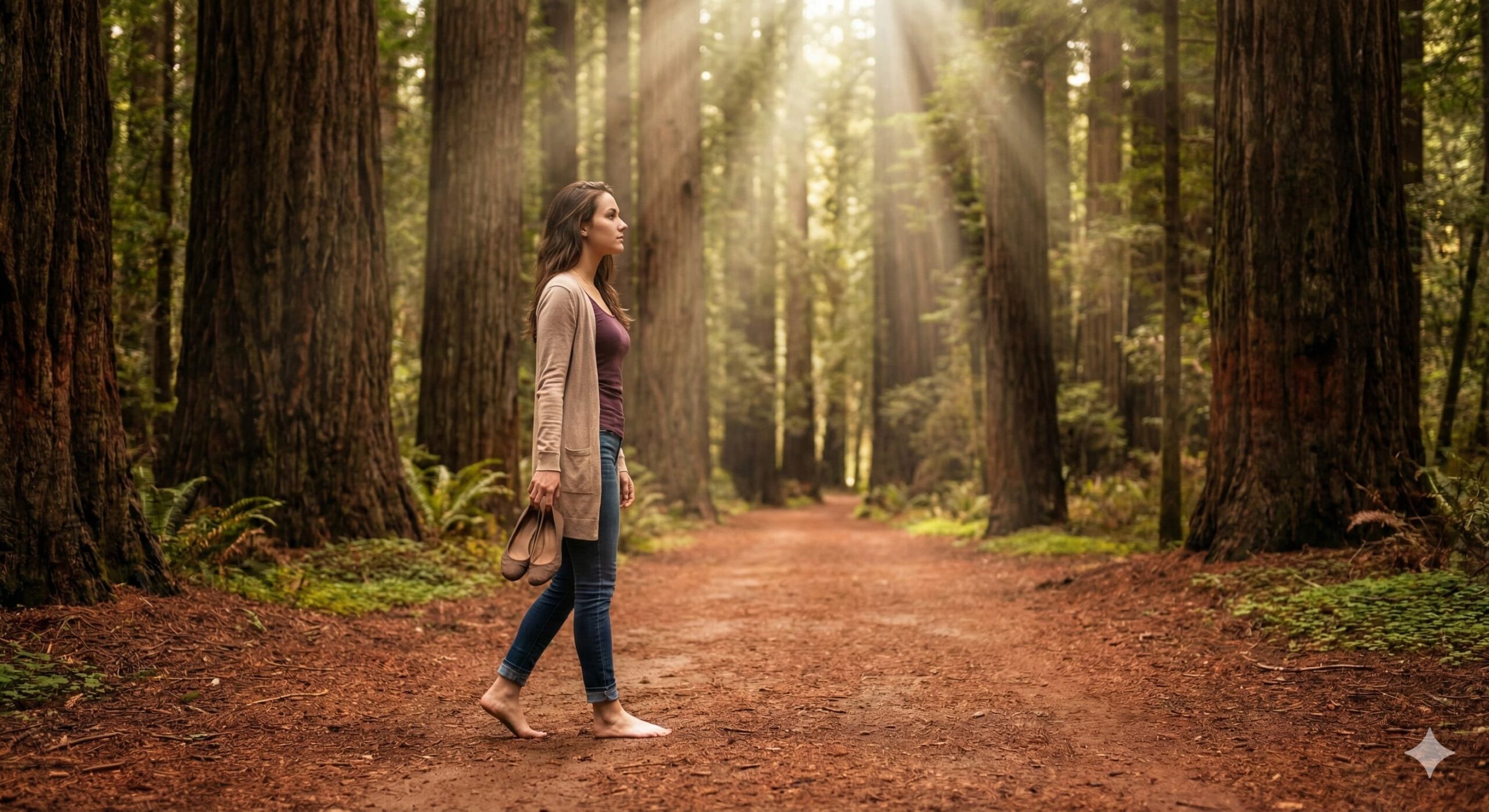 붉은 흙 길이 깔린 울창한 나무 숲 길을 천천히 맨발로 걷고 있는 여성의 뒷모습과 옆모습, 걷기 명상 힐링