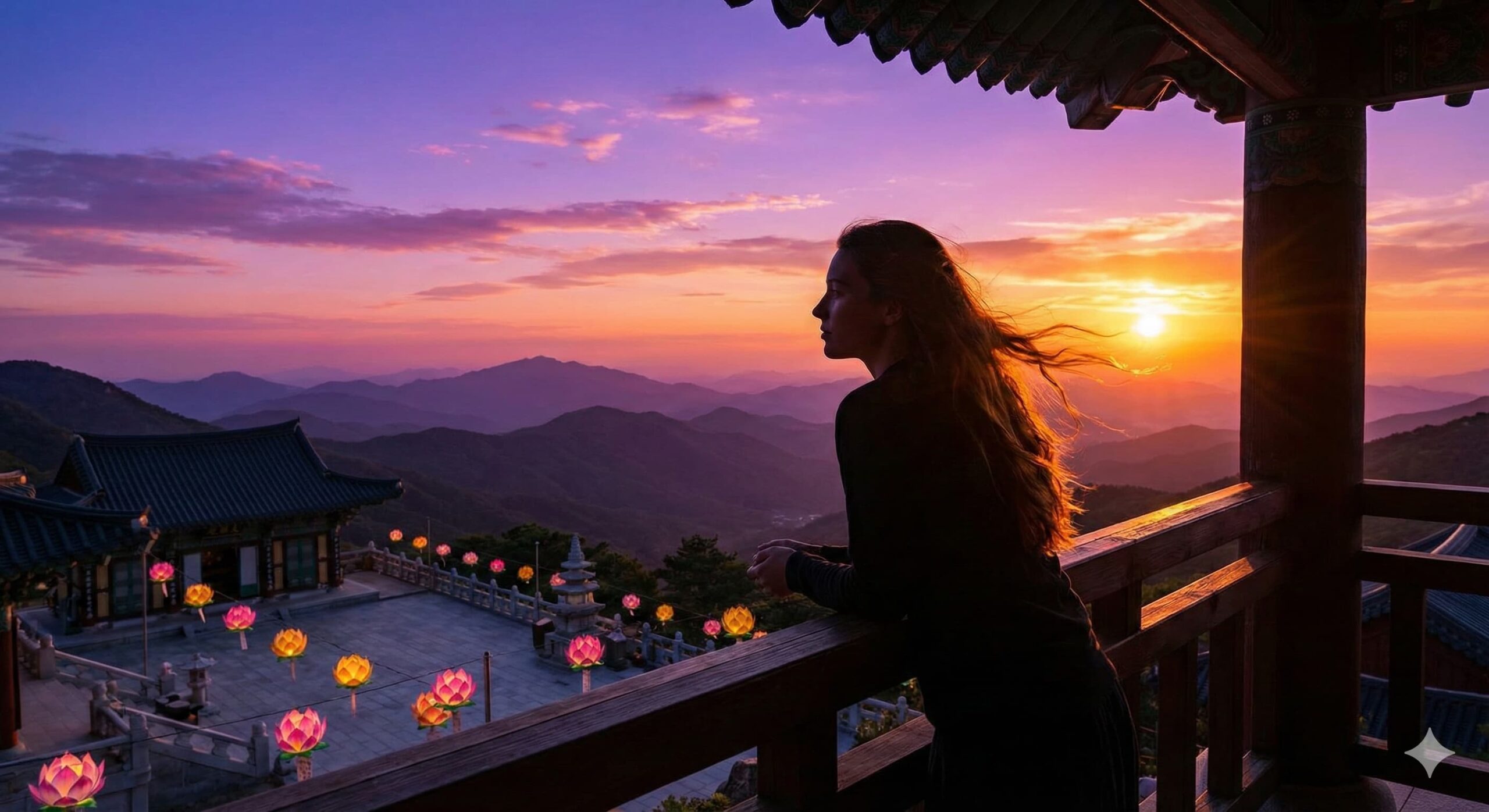해 질 녘 산사에서 노을을 바라보며 사색에 잠긴 여성, 템플스테이의 저녁 풍경과 위로