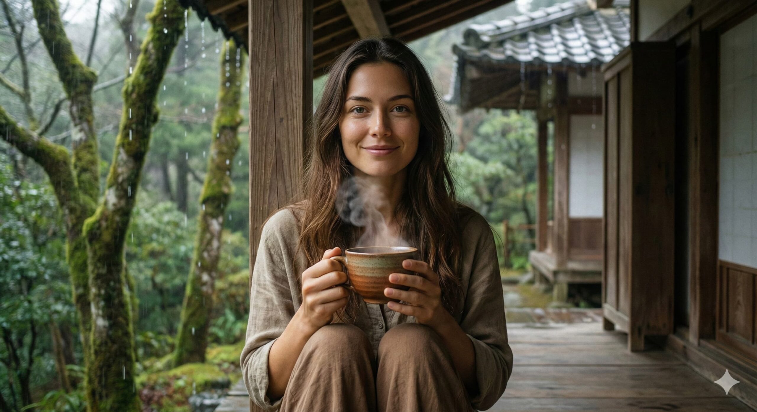 사찰 툇마루에 앉아 따뜻한 차를 두 손으로 감싸 쥐고 미소 짓는 여성 클로즈업, 마음의 치유와 평온