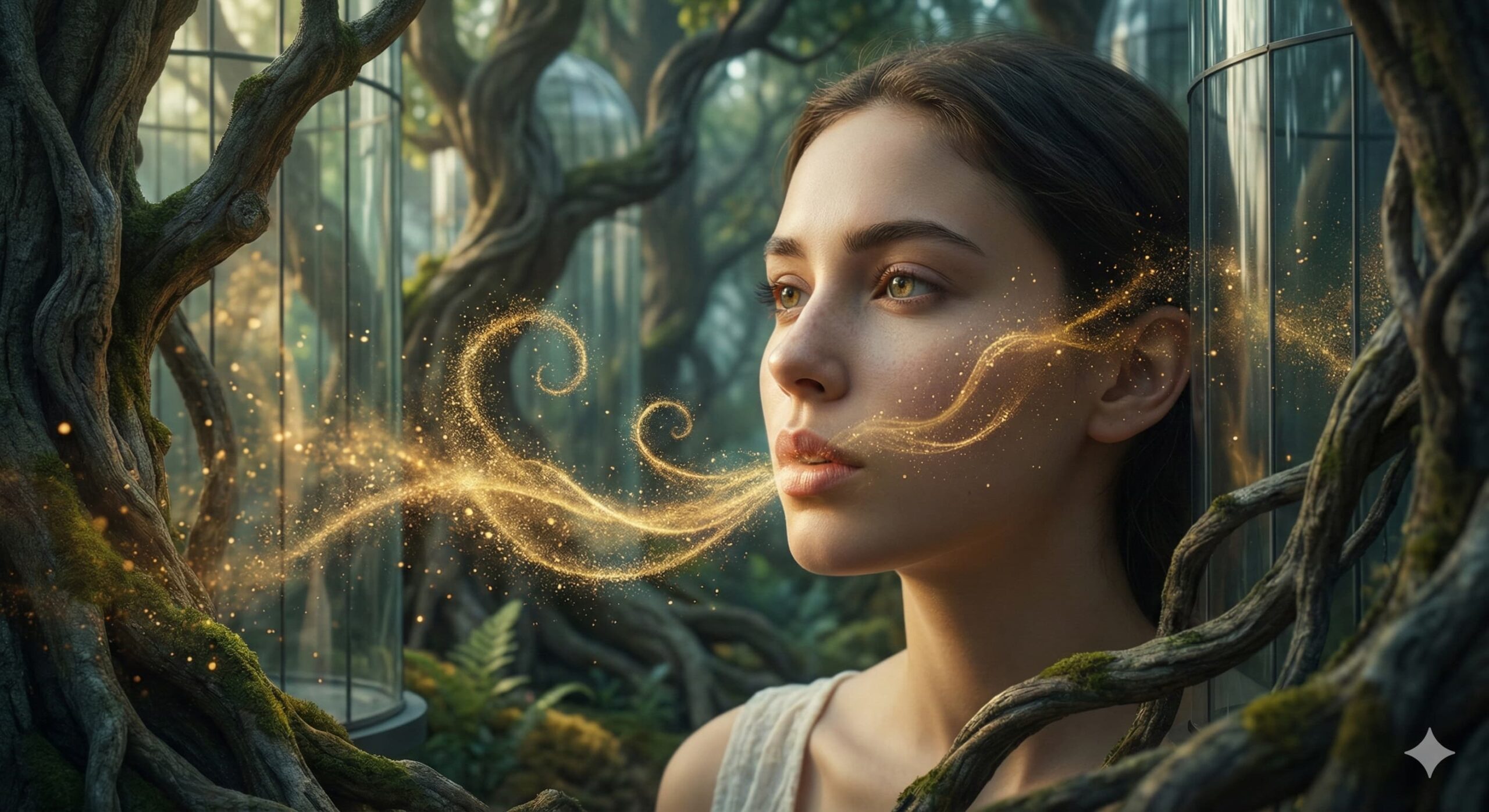 황금 빛 언어의 입자를 내뱉는 지적인 여성 모델과 신비로운 배경