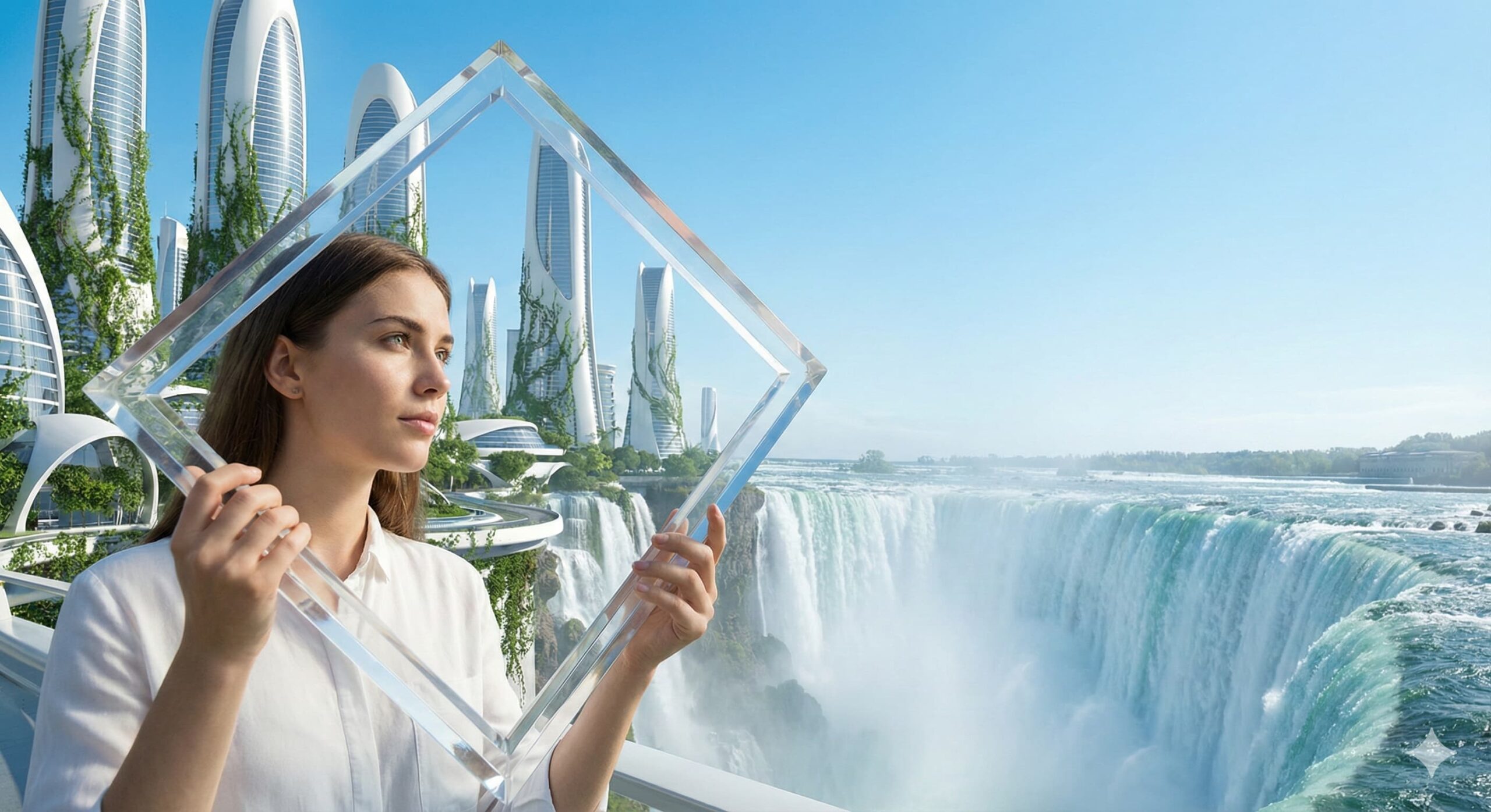 크리스털 프레임을 통해 미래 도시를 바라보며 사고를 확장하는 여성 모델