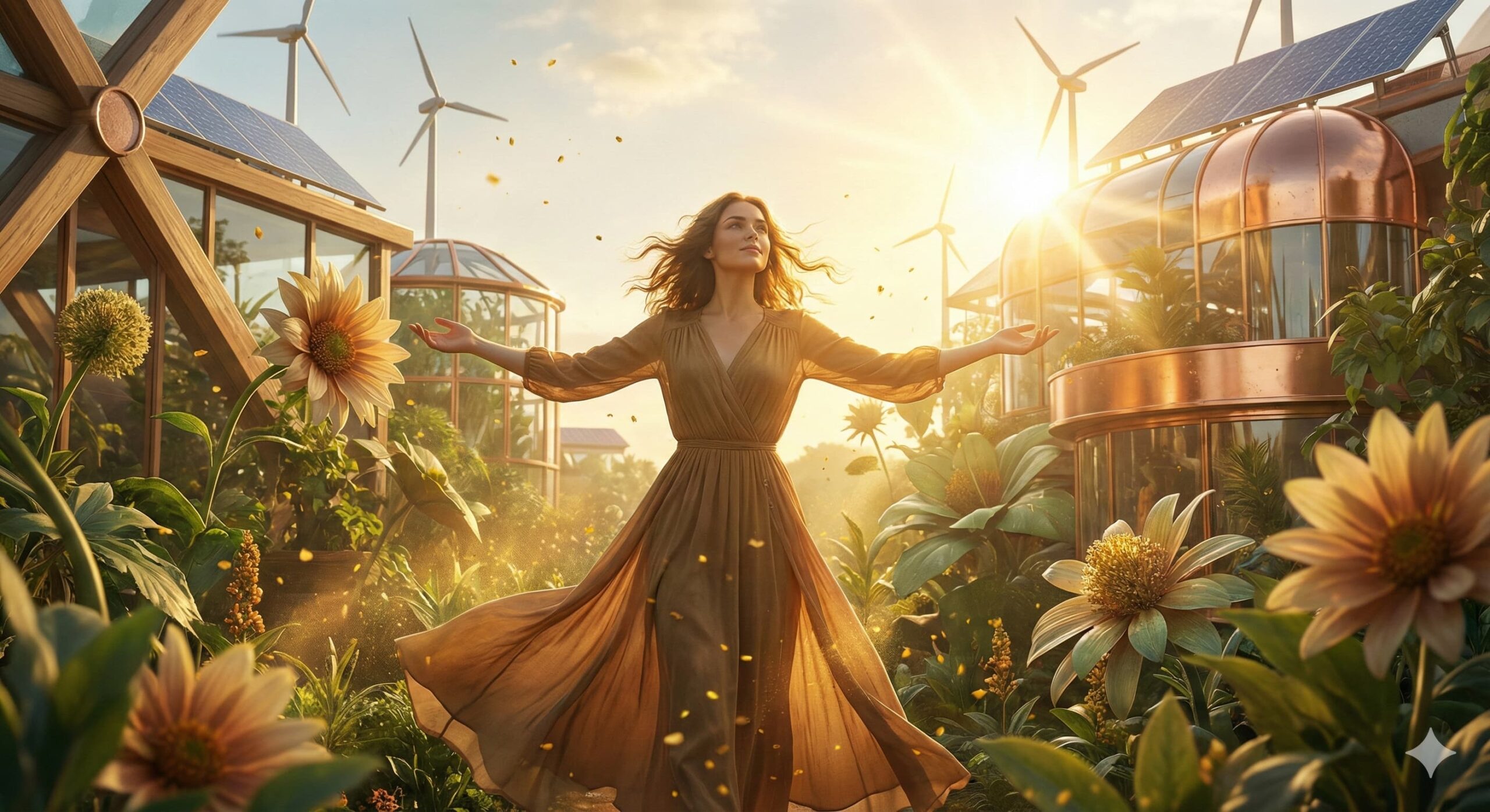 "솔라펑크 정원에서 아침 햇살을 받으며 언어의 감사함을 표현하는 여성 모델"
