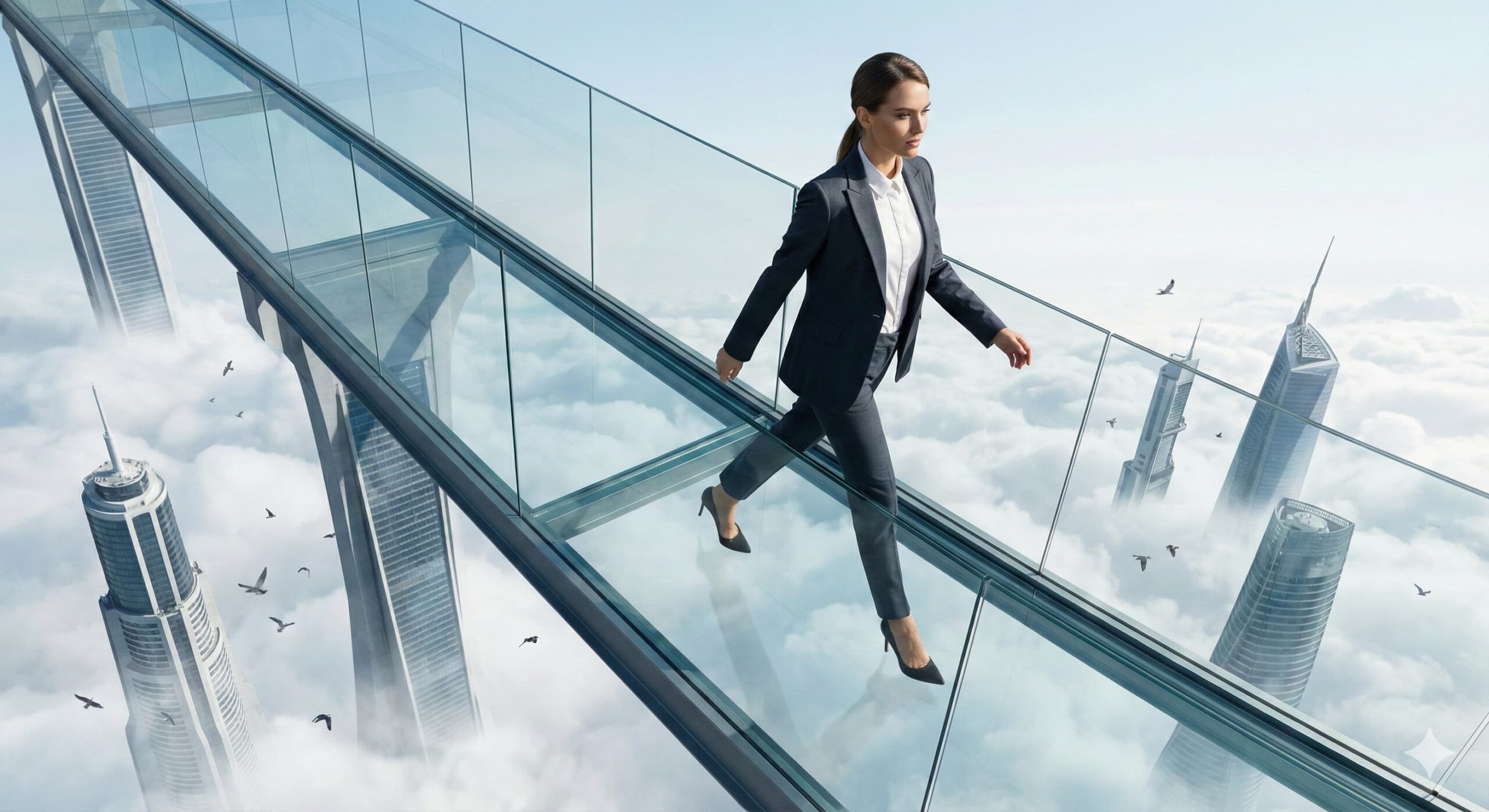 구름 위 유리 브리지를 당당하고 우아하게 걸어가는 성공한 여성 모델