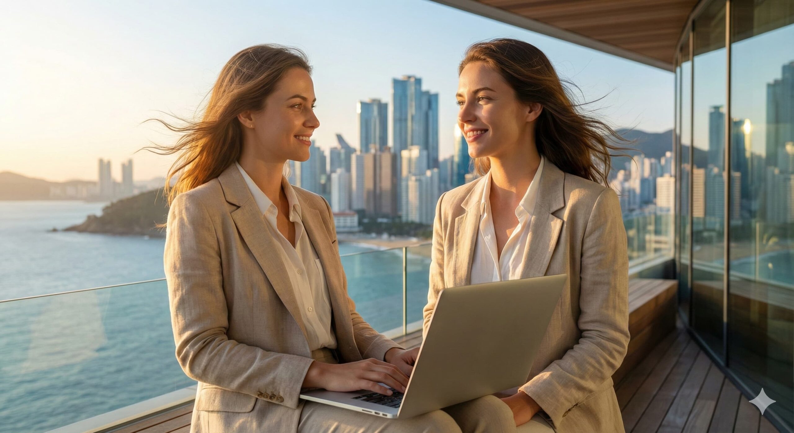 탁 트인 부산 바다와 현대적인 도시 스카이라인을 배경으로 야외 테라스에서 노트북으로 업무를 보는 지적인 여성 모델, 부산 워케이션 썸네일