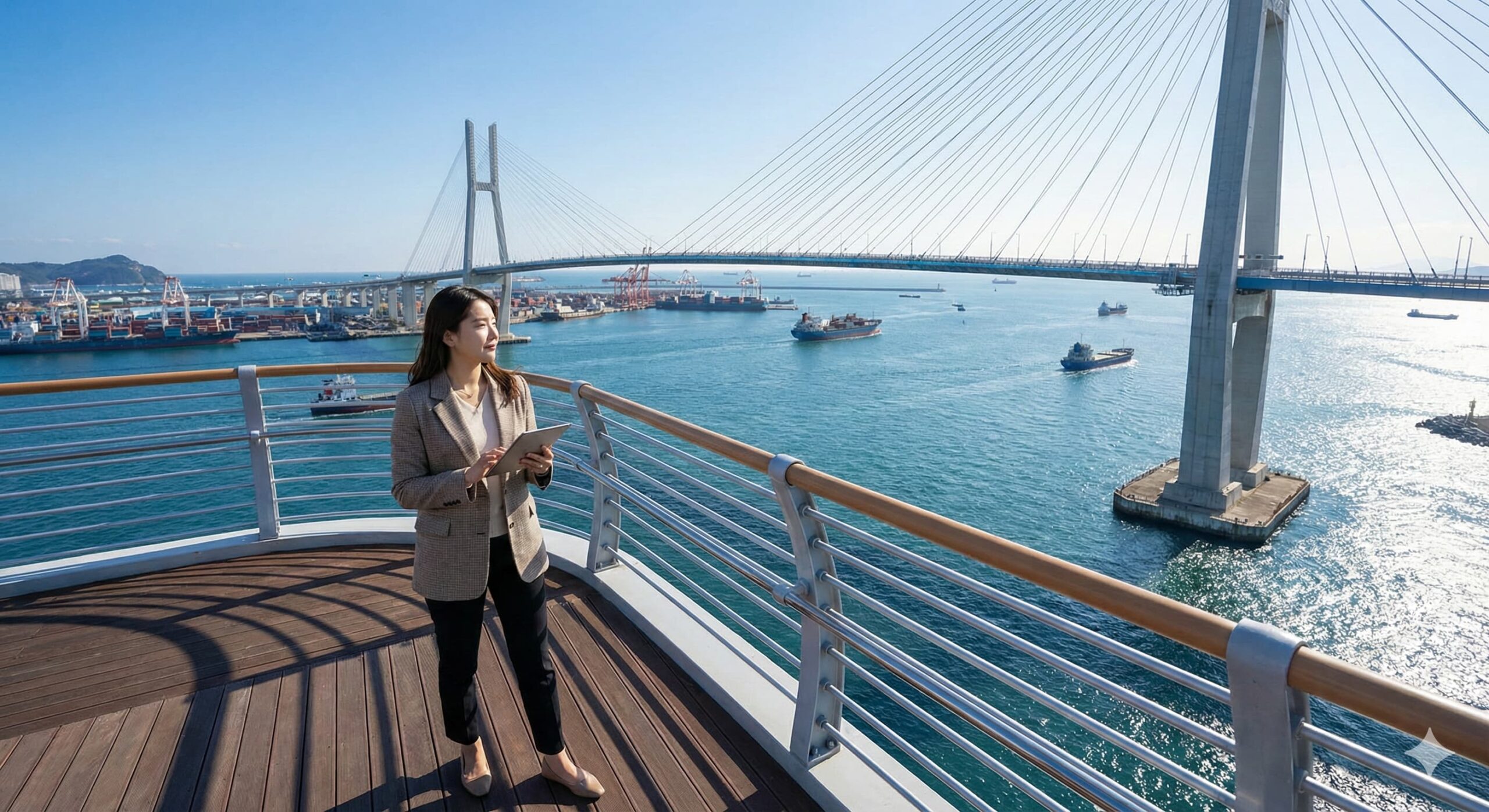 웅장한 부산항의 대교와 항구가 내려다 보이는 야외 공간에서 태블릿을 들고 서 있는 자신감 넘치는 여성, 부산 역 워케이션