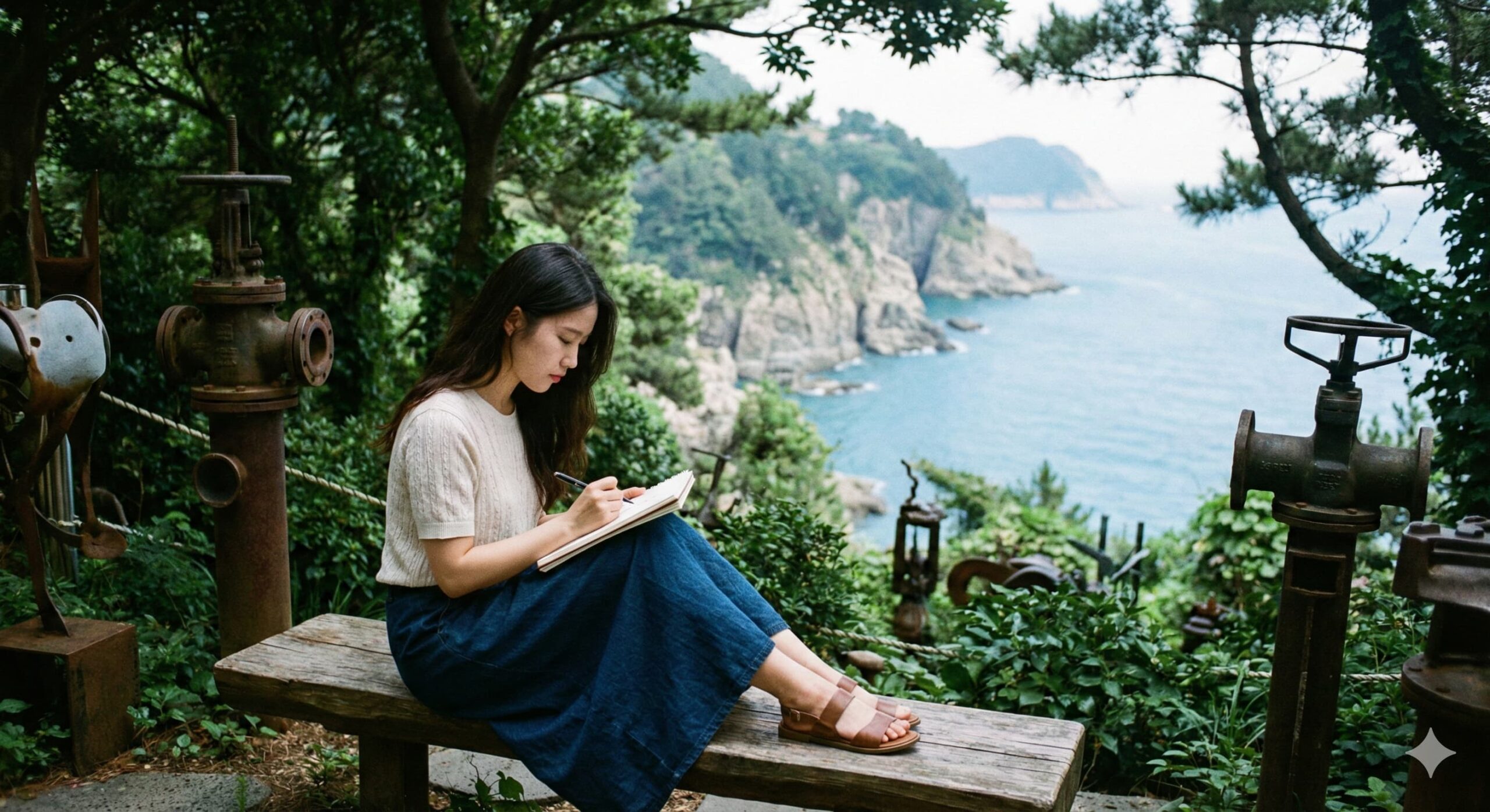 기암절벽과 바다가 보이는 영도의 자연 속 야외 공간에서 스케치북에 아이디어를 구상하는 여성, 영도 크리에이터 워케이션
