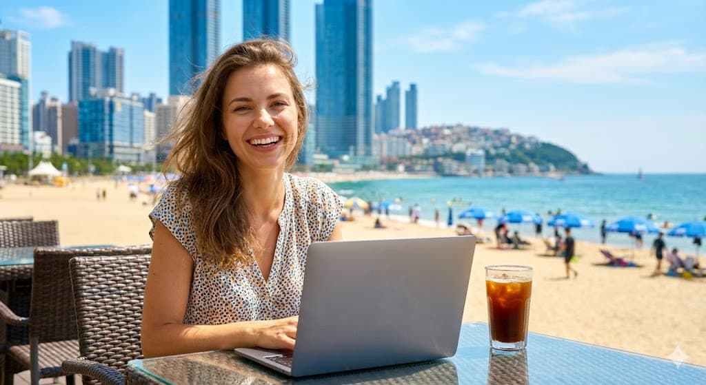해운대 고층 빌딩 숲과 이어진 백사장에서 커피를 마시며 휴식을 취하는 여성 모델, 해운대 워케이션 라이프