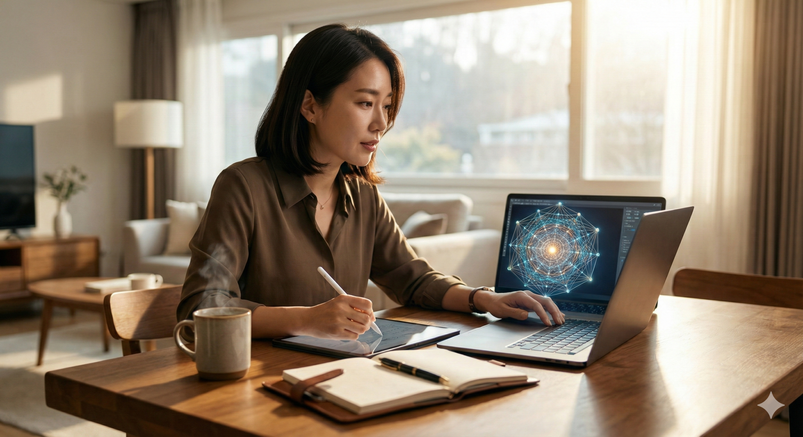 노트북 화면 속 AI 챗봇과 대화하며 만다라트 세부 목표 아이디어를 얻는 여성의 클로즈업.