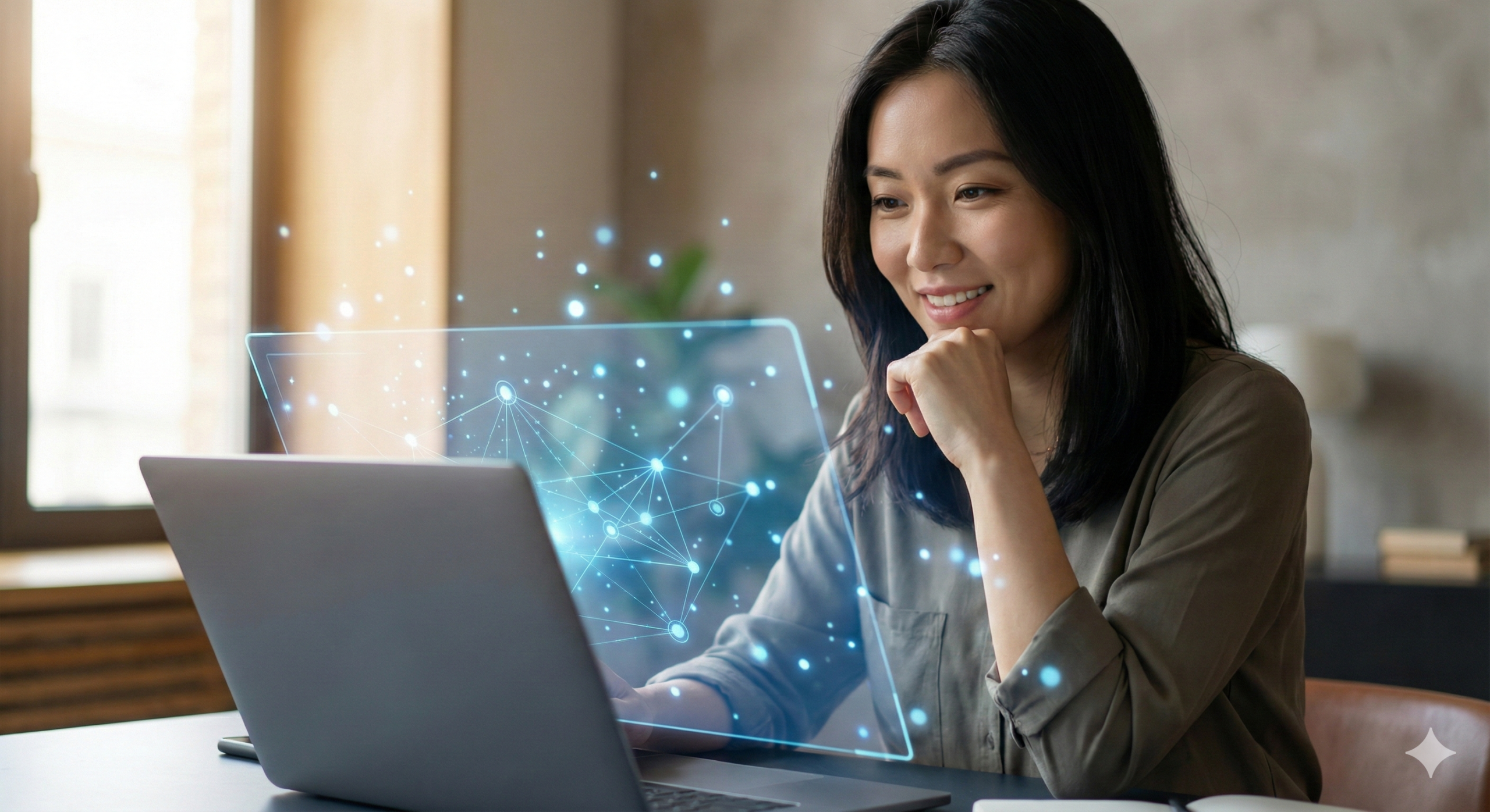 노트북 화면 속 AI 챗봇과 대화하며 만다라트 세부 목표 아이디어를 얻는 여성의 클로즈업.