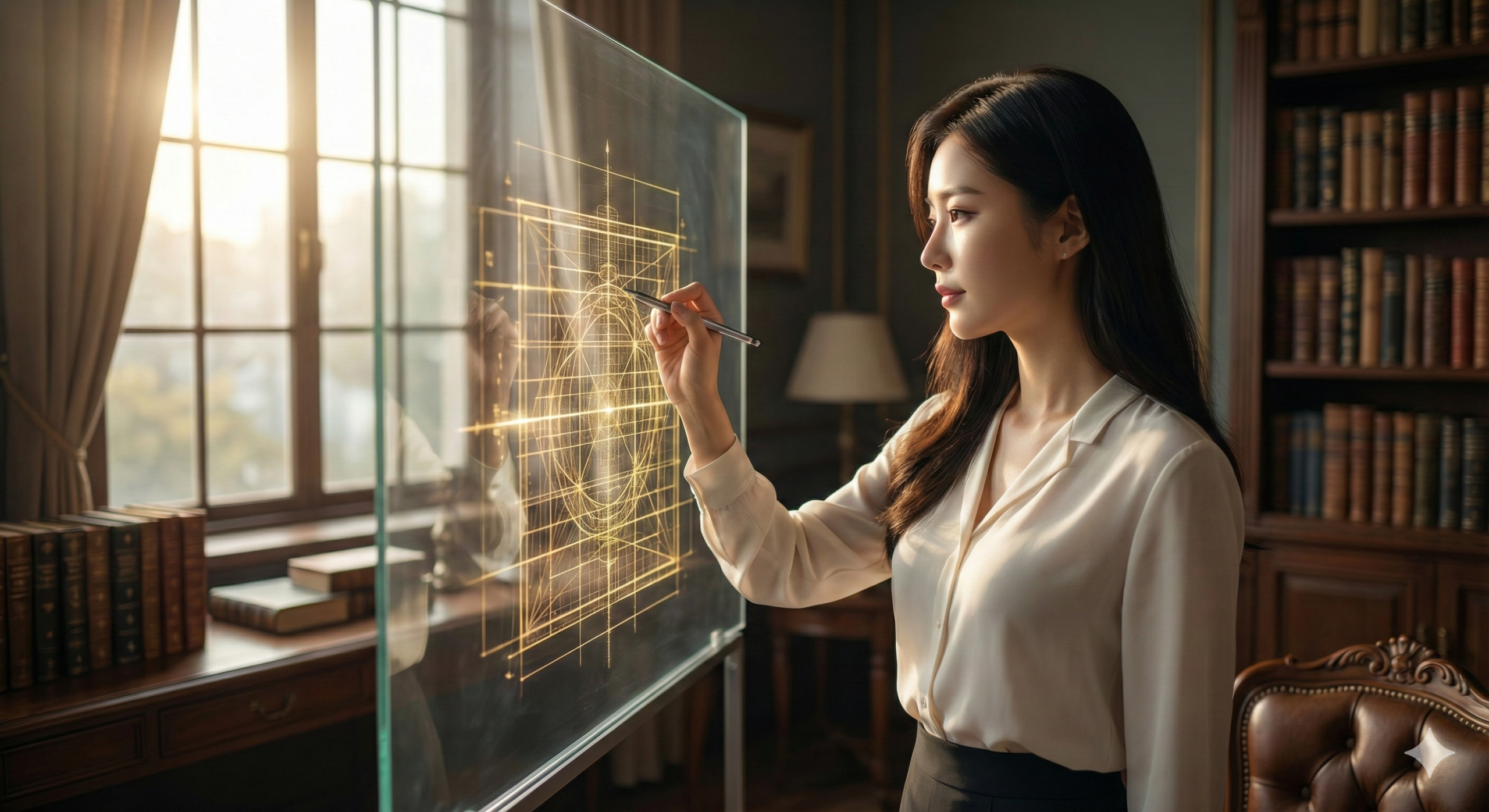 밝은 공간에서 투명한 스크린 위로 떠오른 AI 인터페이스와 상호 작용하며 미래 성장 로드맵을 구상하는 지적인 20대 여성.