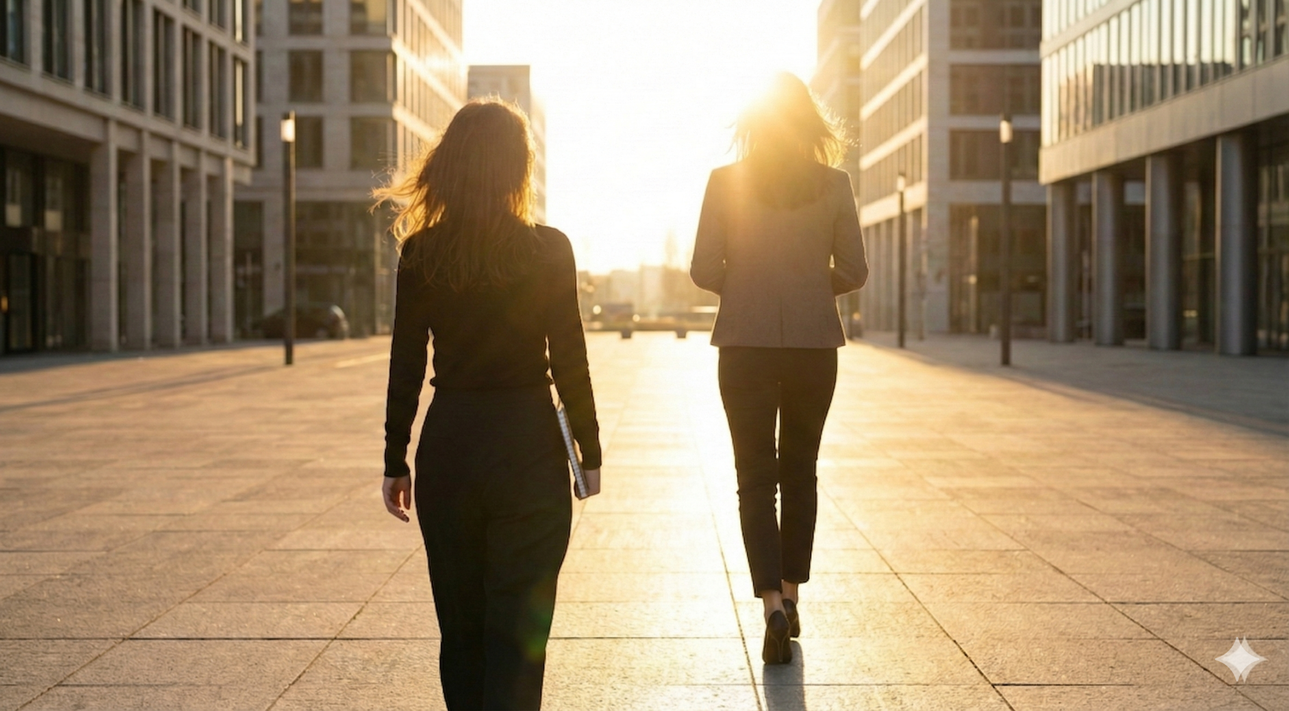 새해 아침, 밝은 햇살 속에서 완성된 성장 로드맵 노트를 들고 희망 차게 앞을 향해 걷는 여성의 뒷모습.