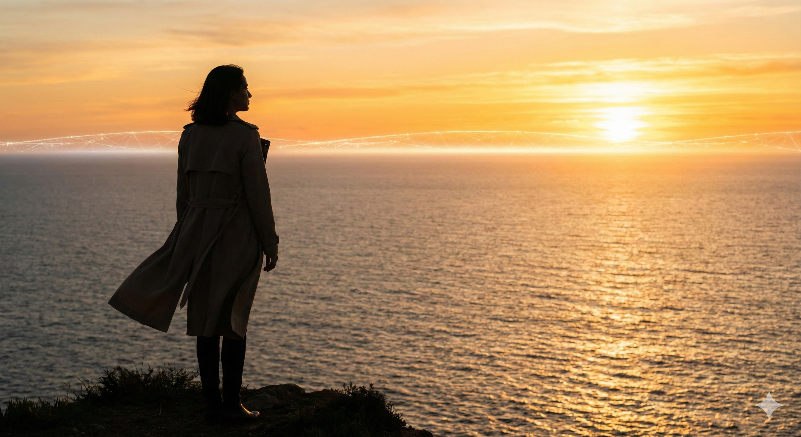수평선 너머의 눈부신 바다를 바라보며 AI와 함께할 미래를 확신하는 우아한 여성의 엔딩 이미지.