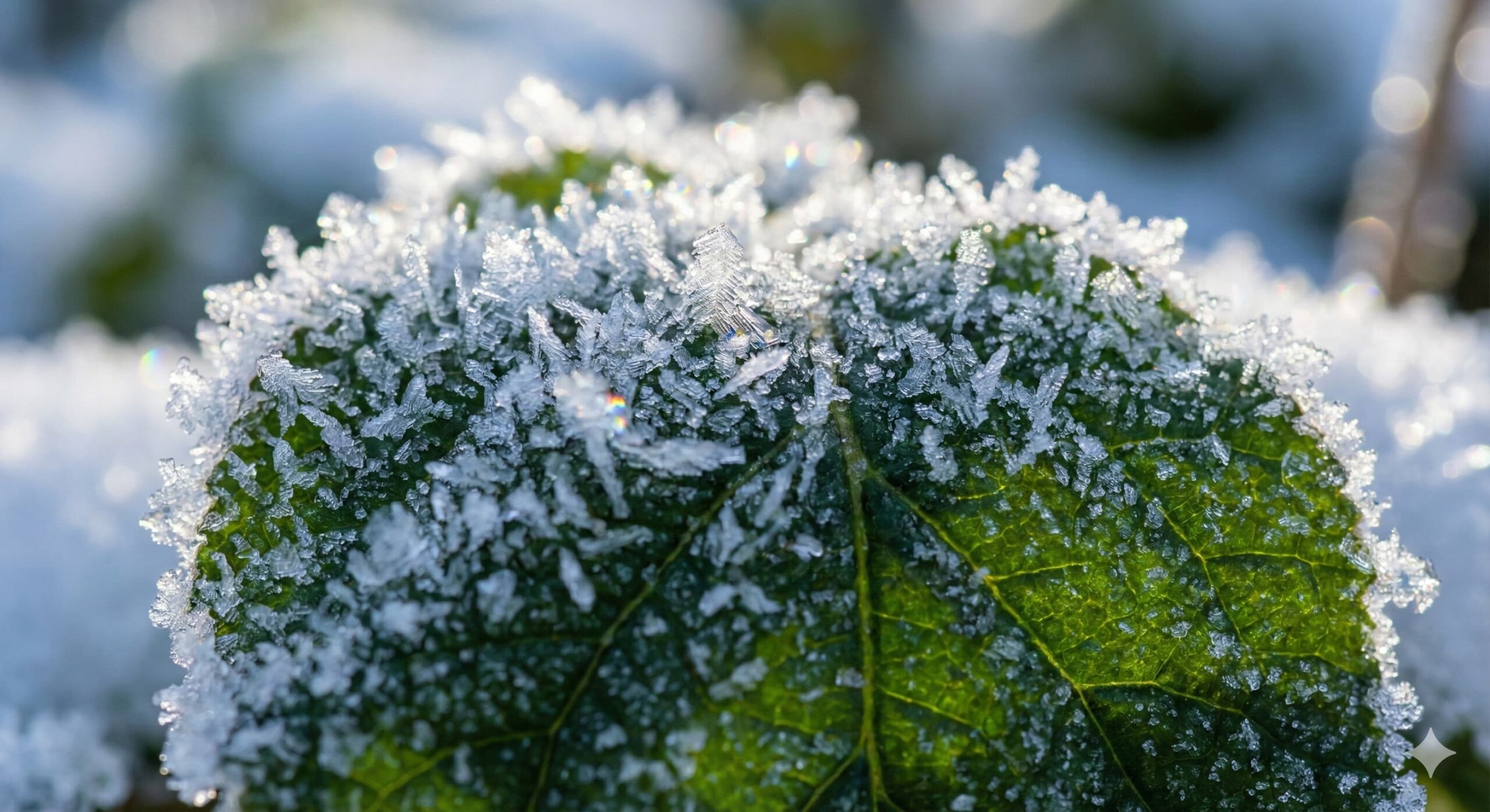 차가운 겨울 서리 속에서도 꿋꿋하게 생명력을 유지하며 미토콘드리아와 효소 활성을 상징하는 겨울 잎사귀의 신비로운 모습.