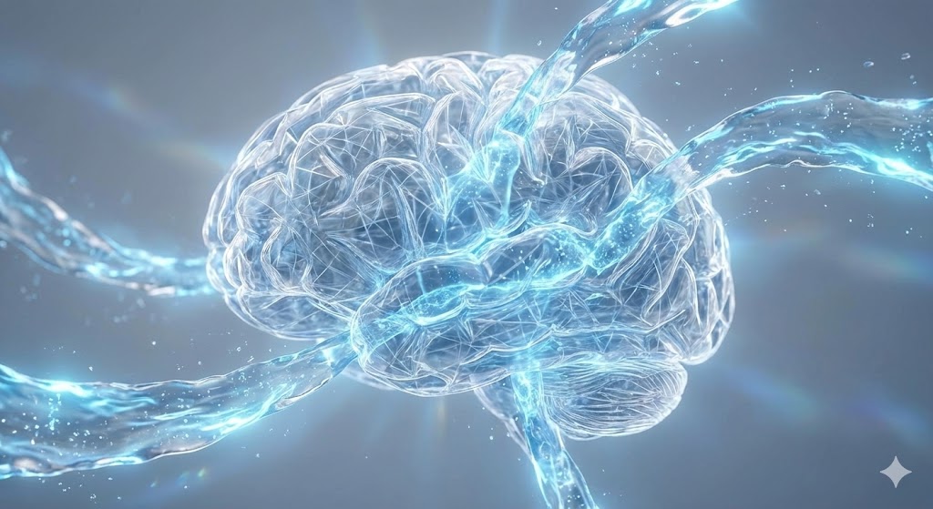 보석처럼 빛나는 투명한 뇌 형상을 맑은 물줄기가 부드럽게 감싸며 흐르는 추상적인 뇌 독소 세척 시각 화 이미지