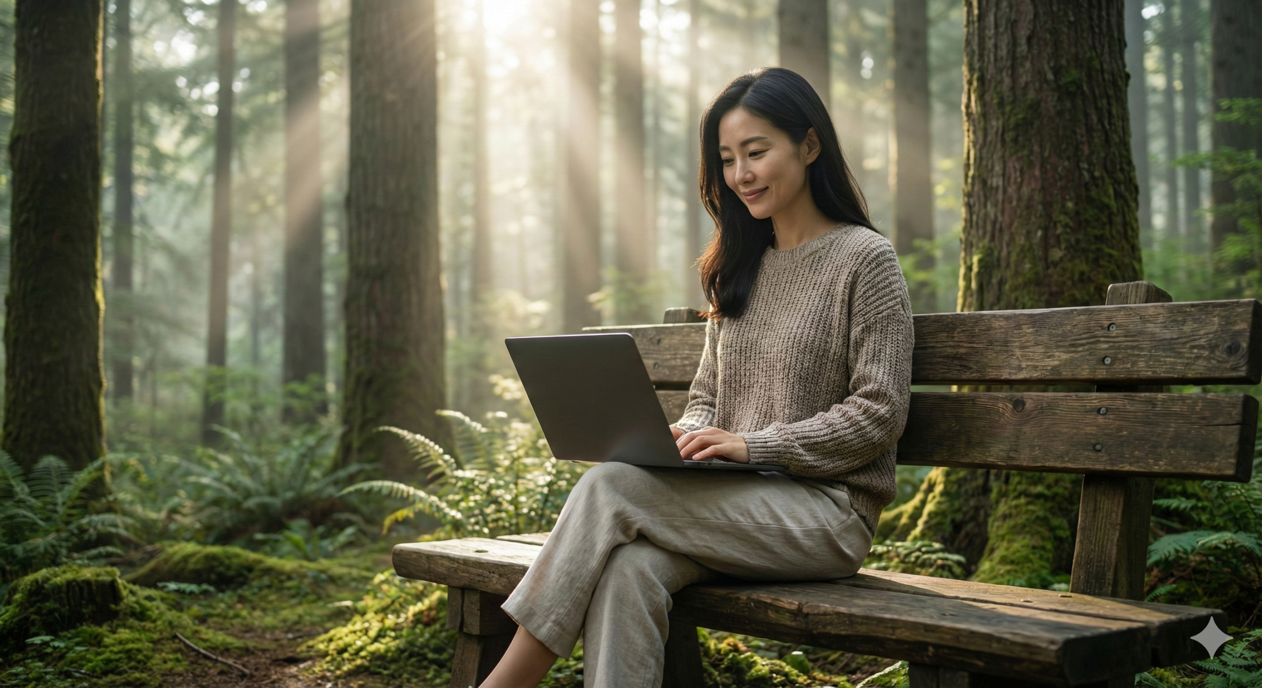 숲속의 고요한 공원 벤치에 앉아 자연의 영감을 받으며 글쓰기 하는 지적인 중년 여성.