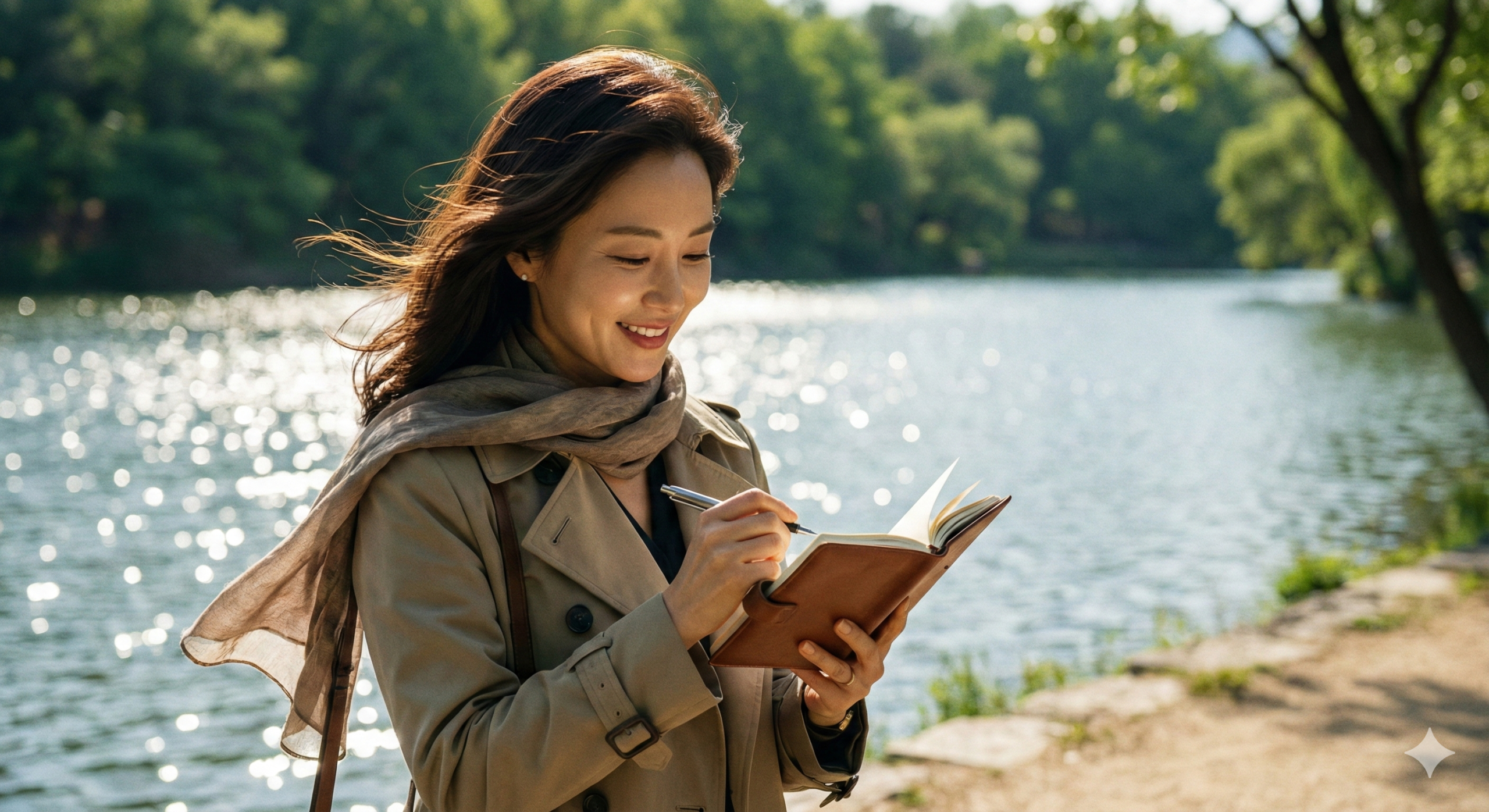 윤슬이 빛나는 호숫가를 거닐며 새로운 블로그 주제를 구상하고 메모하는 우아한 여성