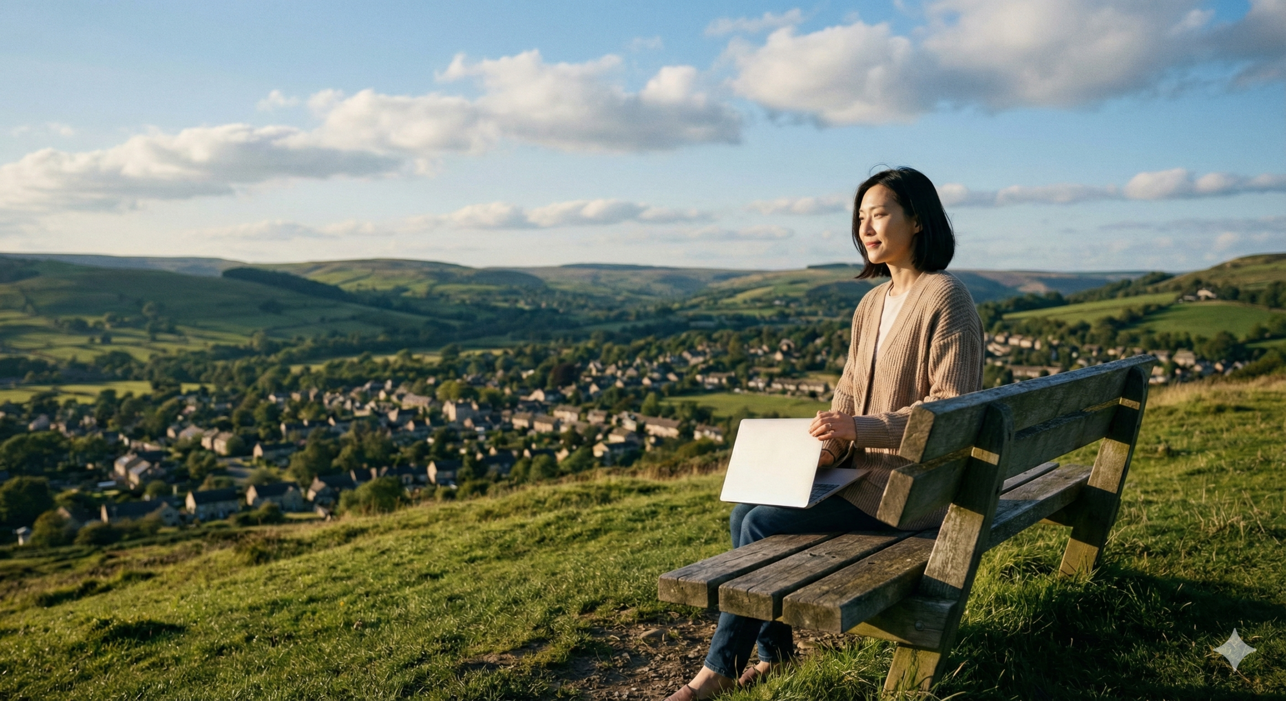 탁 트인 언덕 위에서 작업을 마치고 만족감을 느끼는 지적인 중년 블로거
