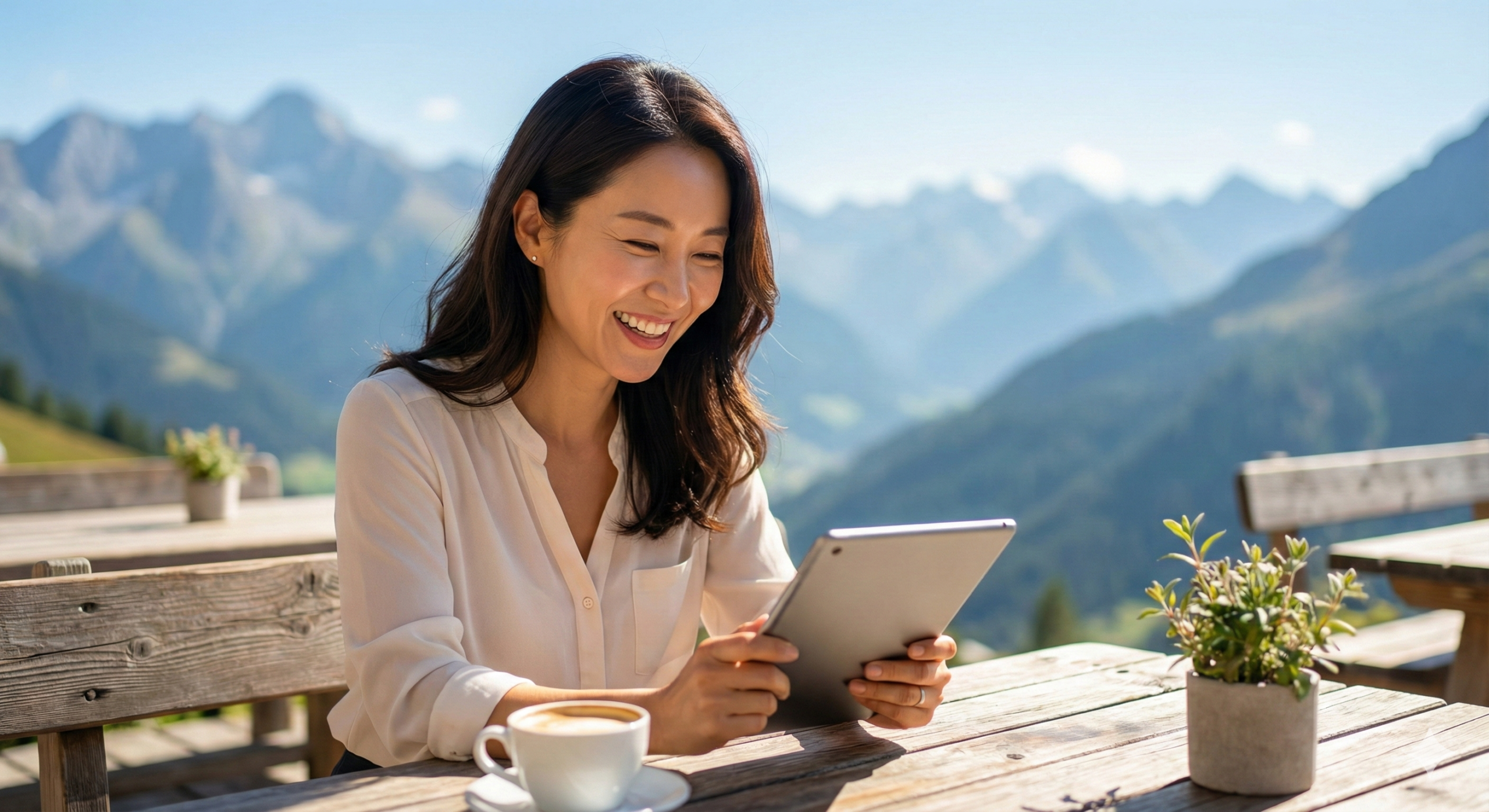 전망 좋은 야외 테라스에서 독자들과 소통하며 보람을 느끼는 우아한 중년 여성