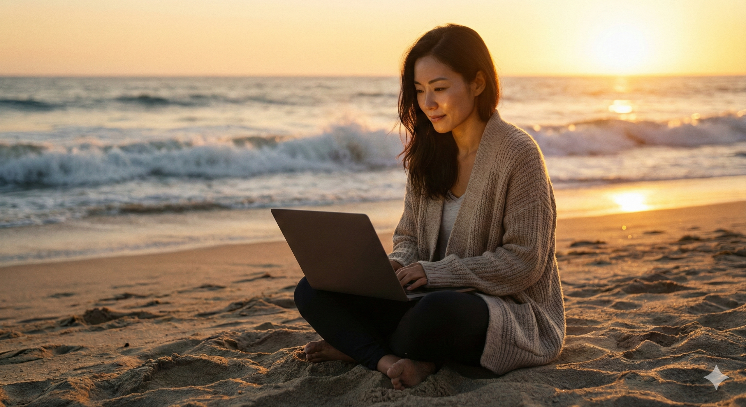 노을 지는 해변에서 새로운 창작의 의지를 다지는 아름다운 중년 여성