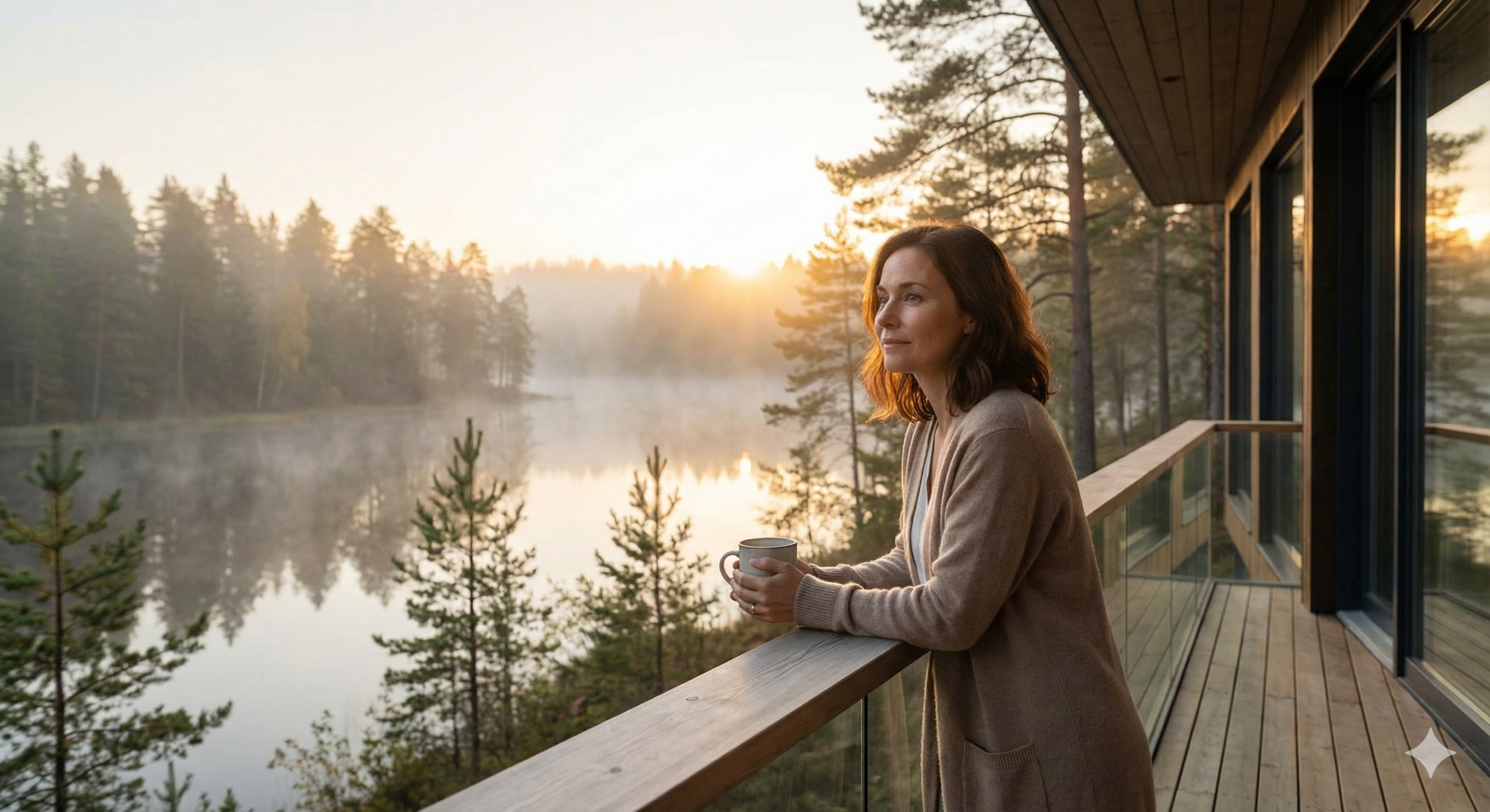 이른 아침 안개 낀 숲 속 호수를 배경으로 현대적인 발코니에서 뇌의 독소 제거를 위해 맑은 공기를 마시며 미소 짓는 지적인 여성