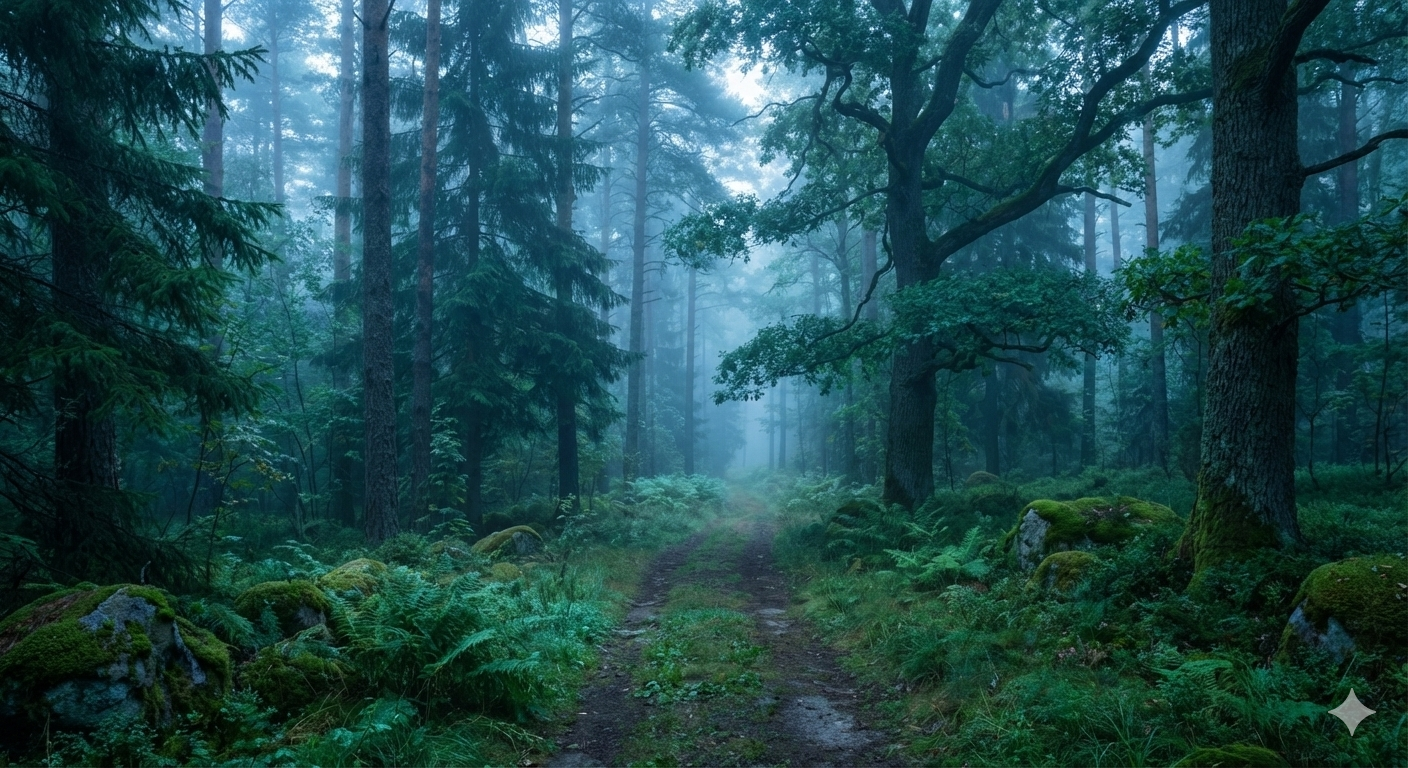 뇌 세척에 최적인 서늘한 온도를 연상시키는 새벽 이슬과 안개가 자욱한 상쾌한 숲 길의 대자연 풍경