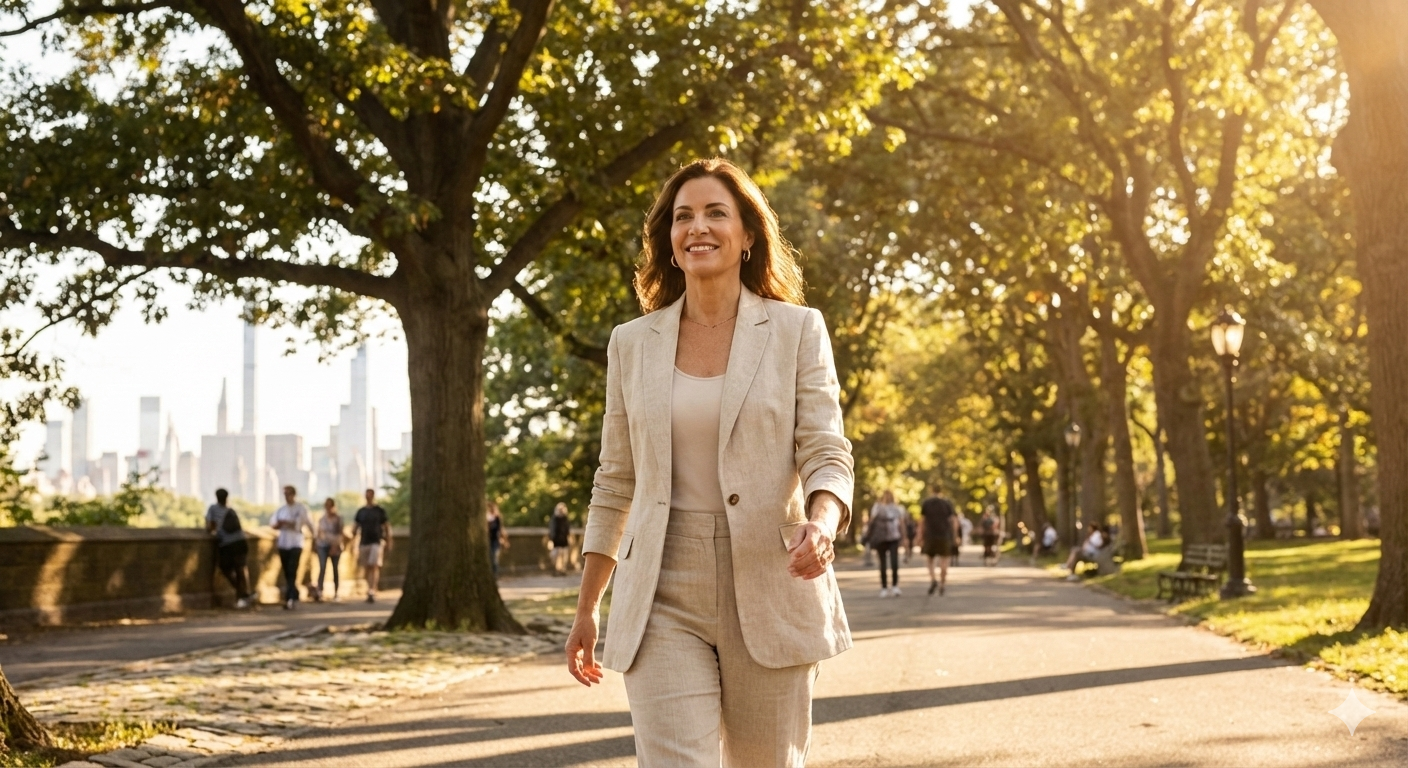 찬란한 아침 햇살이 내리쬐는 공원을 우아하게 산책하며 뇌의 활력을 만끽하는 지적인 여성의 모습