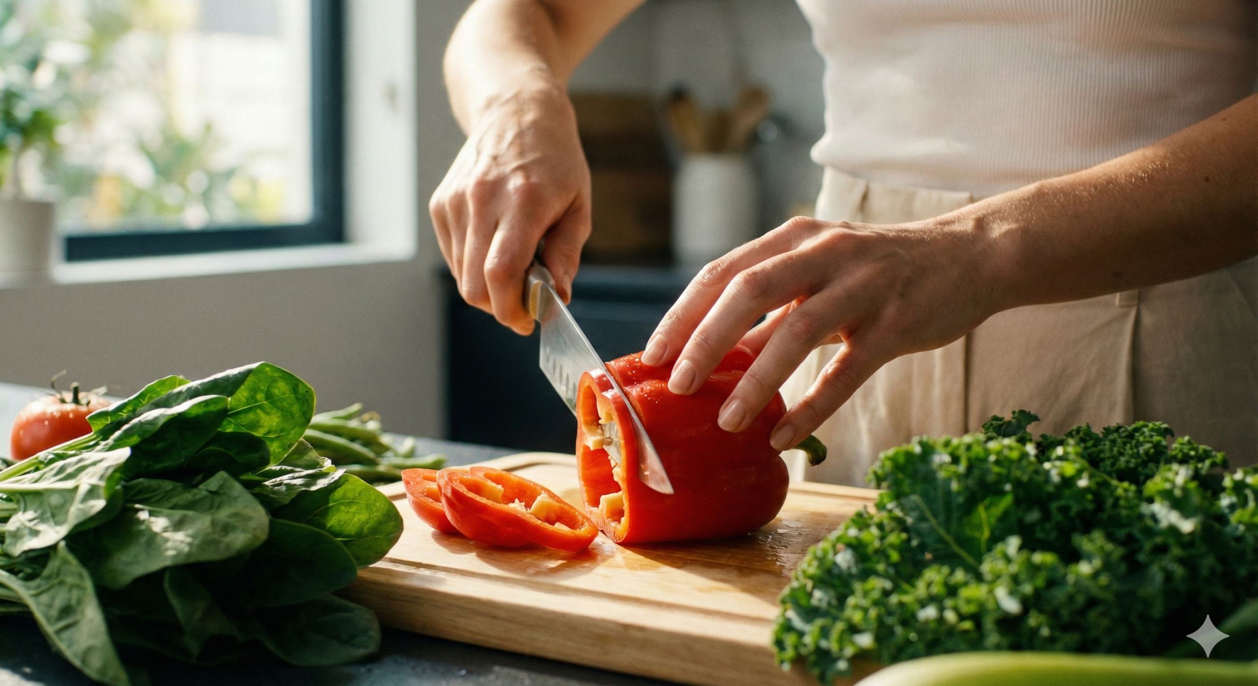 당뇨 관리를 위해 신선한 저당 식 재료를 준비하는 우아한 여성의 손길