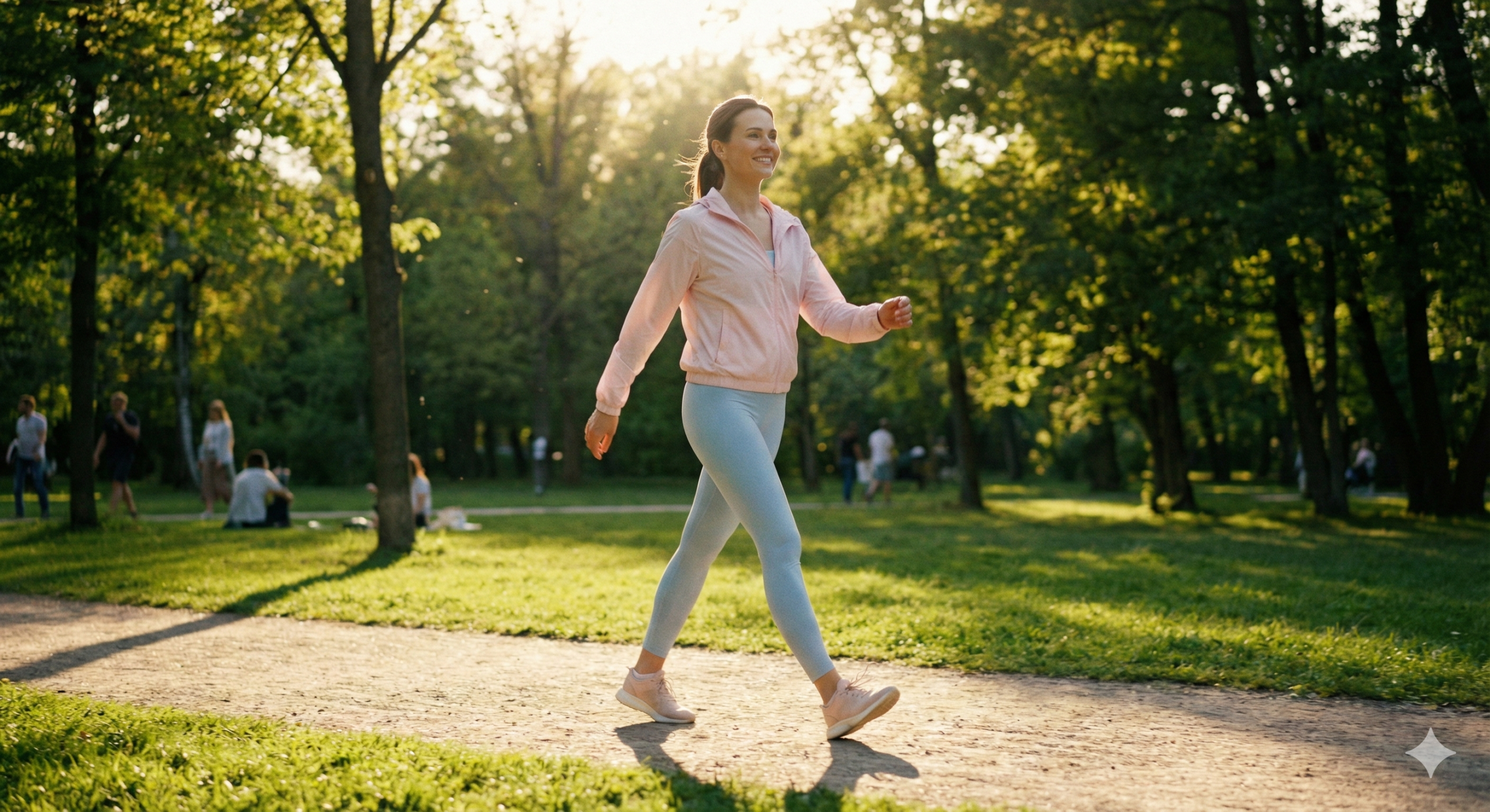 식후 혈당 관리를 위해 활기차게 공원을 산책하는 건강한 여성의 모습