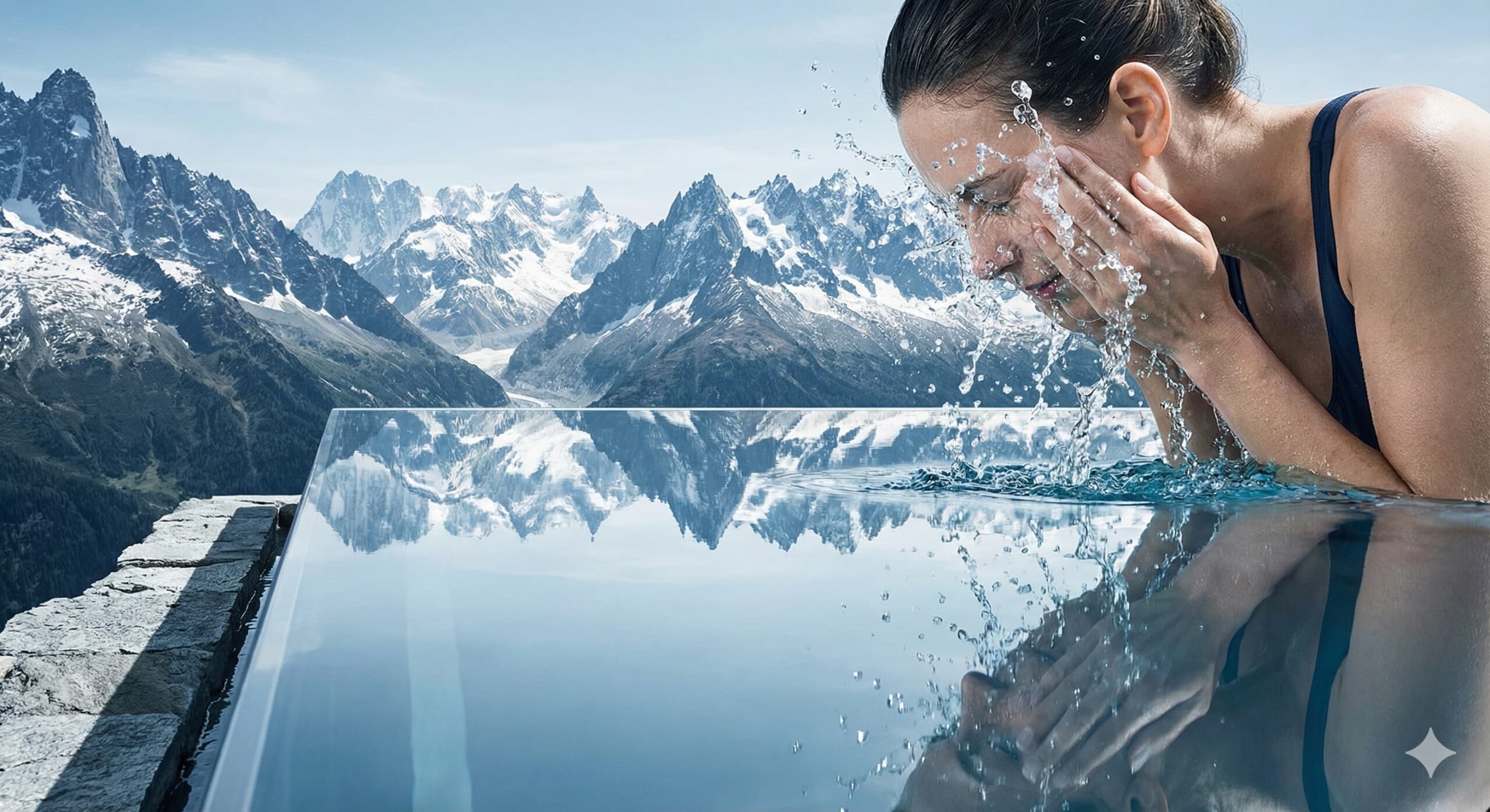 웅장한 설산 앞 인피니티 풀에서 찬물 세수를 통해 미주신경을 자극하는 상쾌한 순간