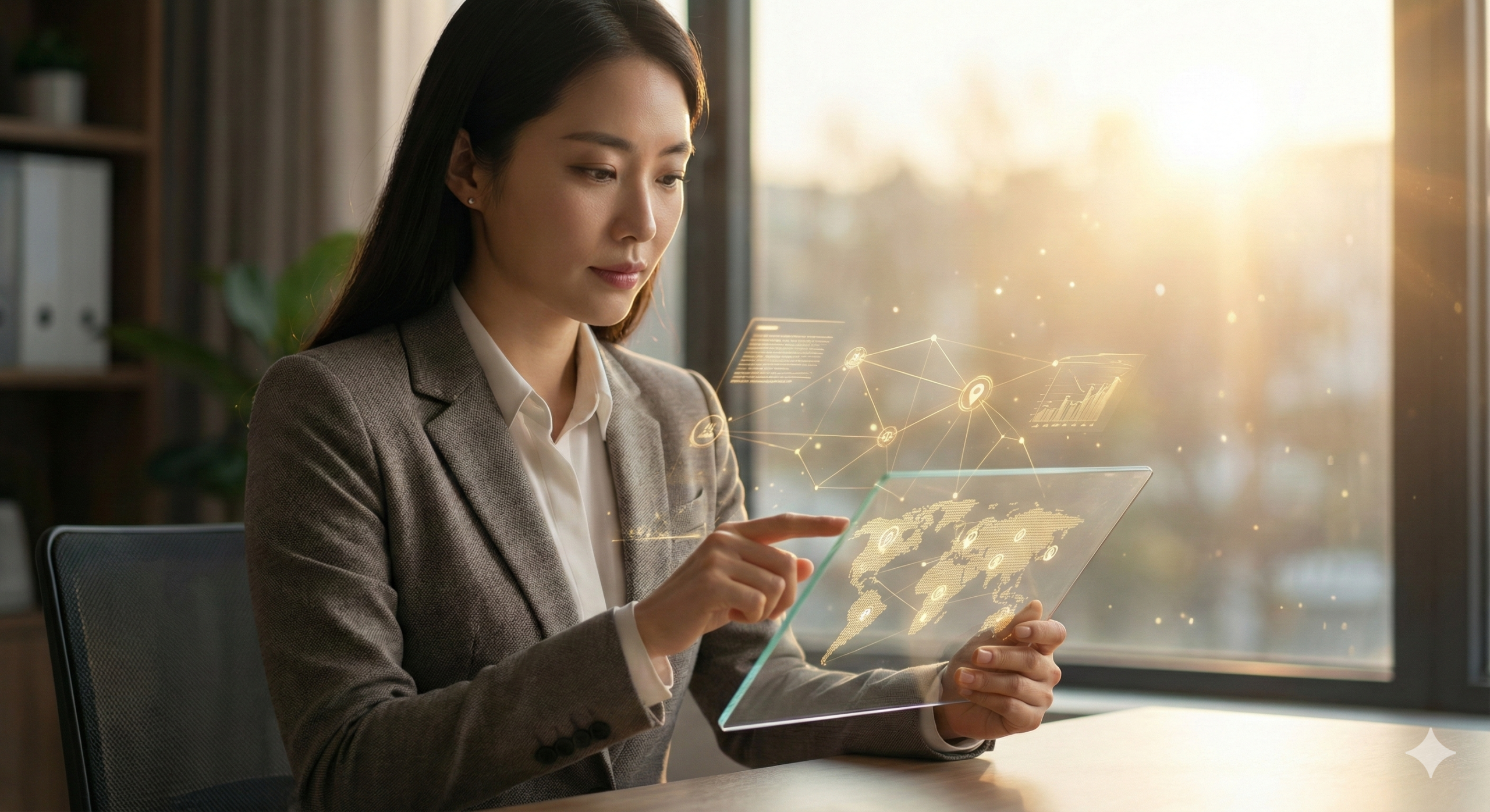 지적이고 아름다운 여성이 투명 태블릿 위로 펼쳐진 미래의 생존 지도를 분석하며 새로운 트렌드의 방향을 설정하는 모습.