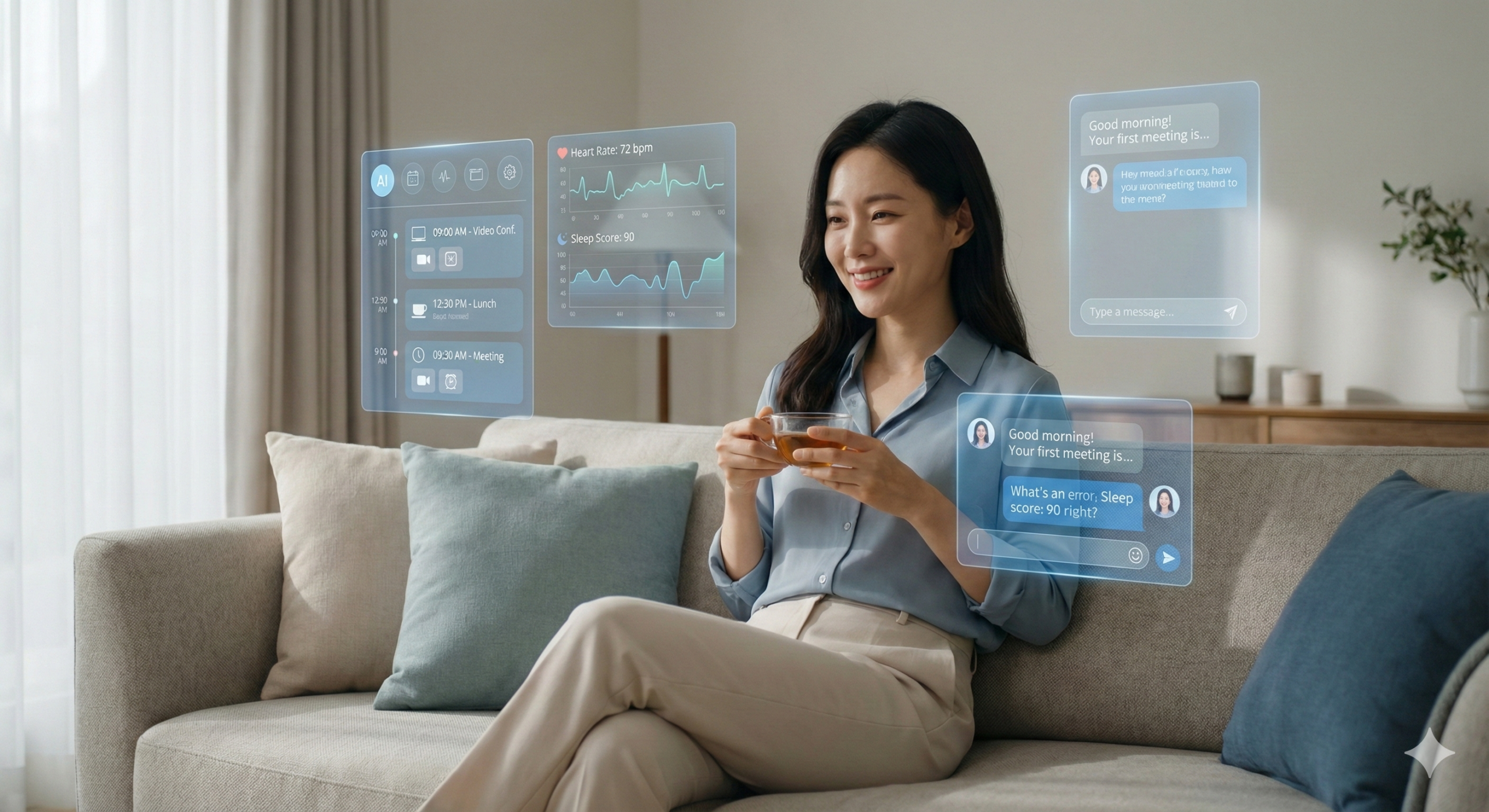 지적인 여성이 거실에서 홀로그램 AI 인터페이스와 상호작용하며 일상 속에 공기처럼 스며든 기술을 활용하는 모습.