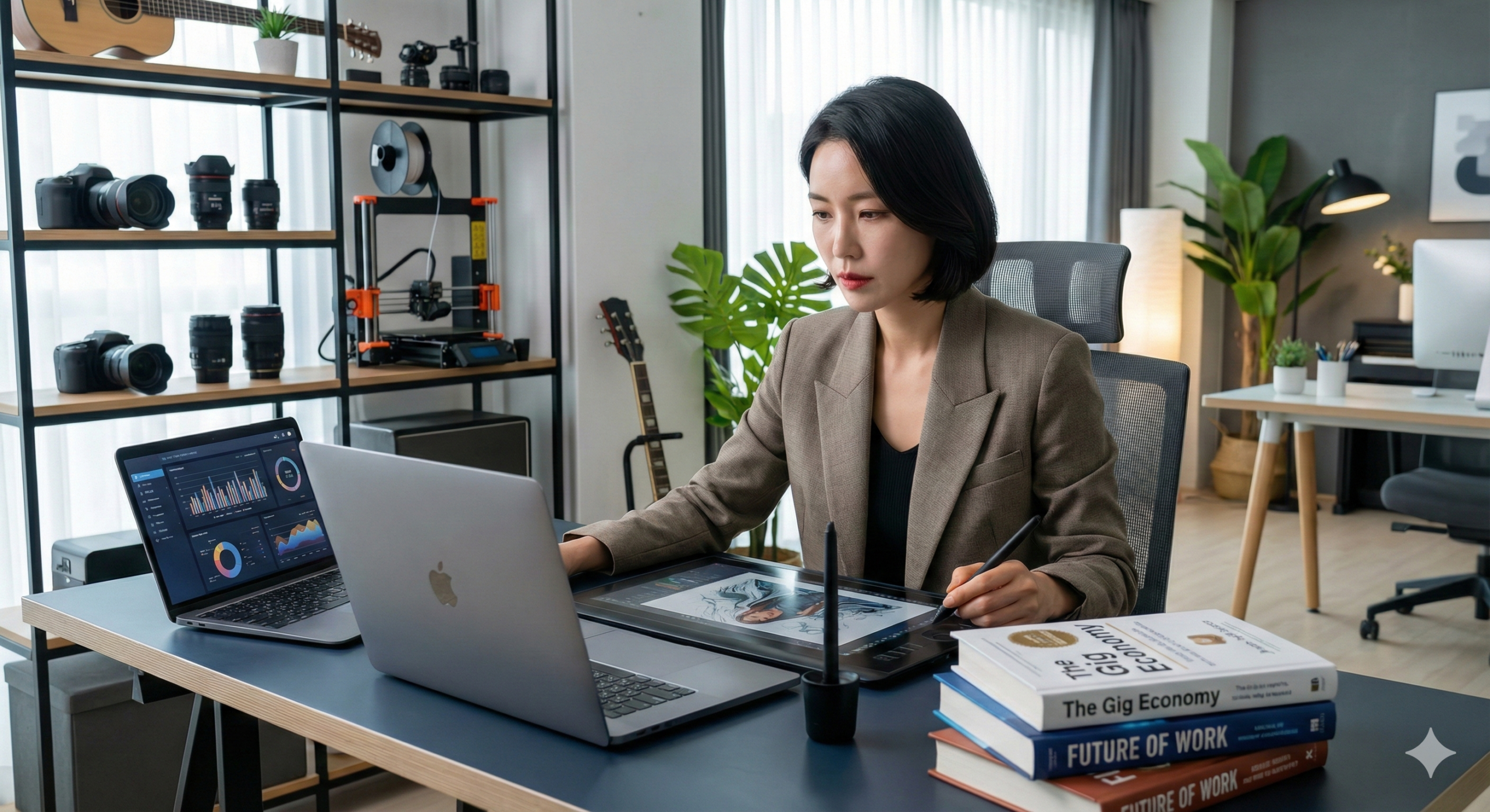 다양한 디지털 장비가 갖춰진 세련된 작업실에서 여러 직업적 자아를 실현하는 전문적인 여성의 모습.