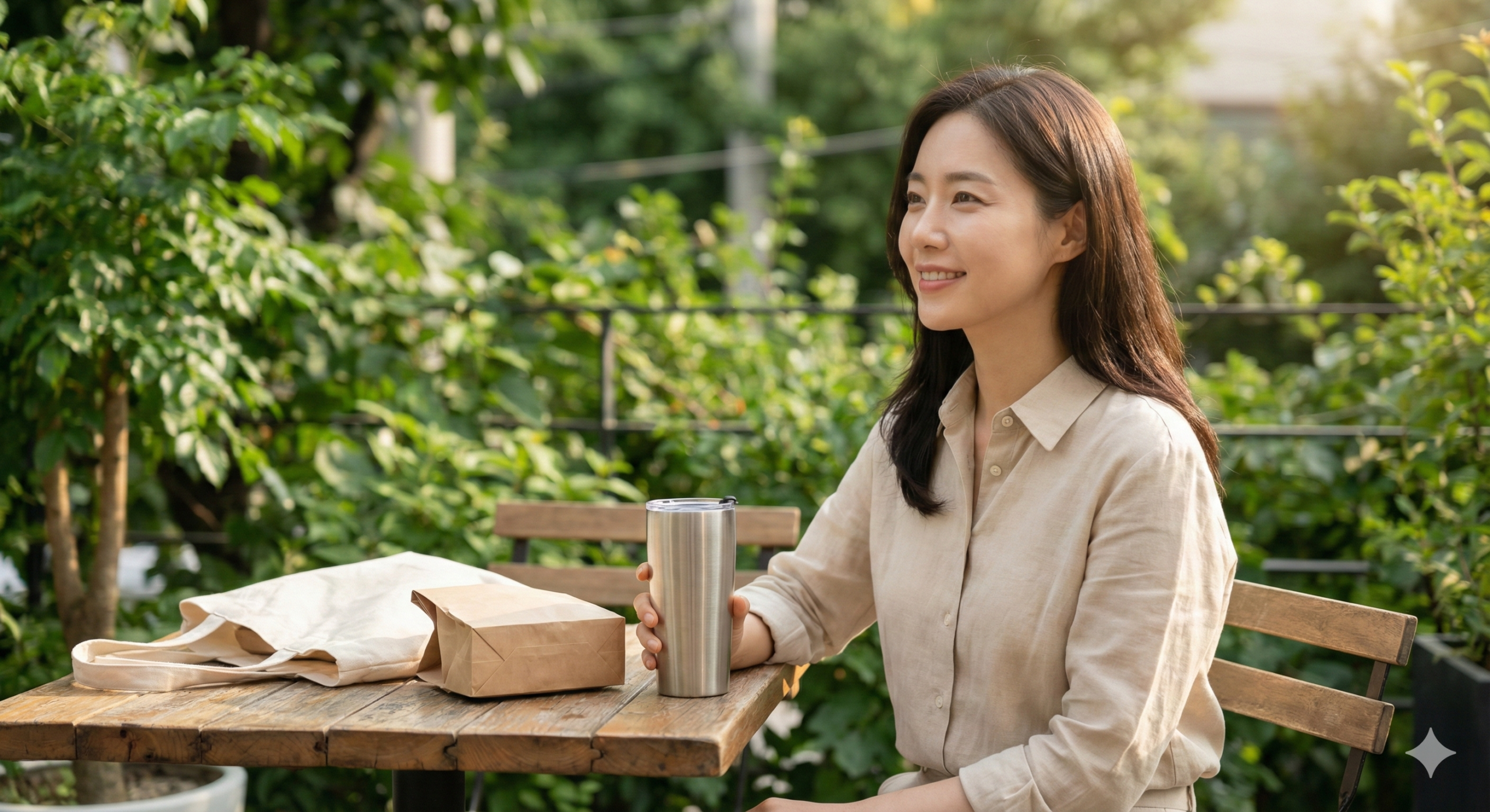 야외 테라스에서 개인 텀블러를 사용하며 진정성 있는 삶을 실천하는 지적인 여성의 모습.