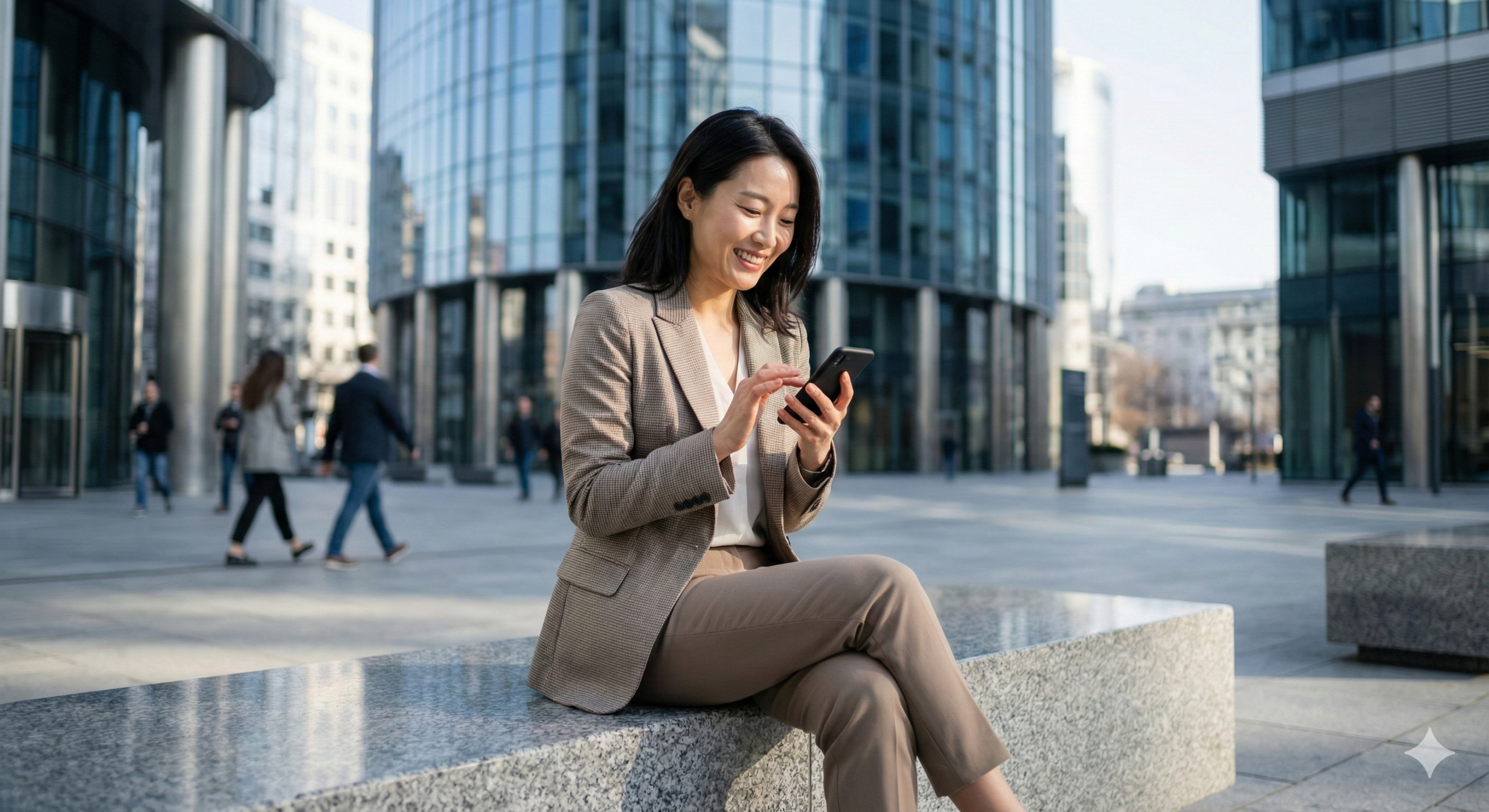 도심 광장에서 스마트폰으로 블로그 데이터를 확인하며 만족해 하는 세련된 여성