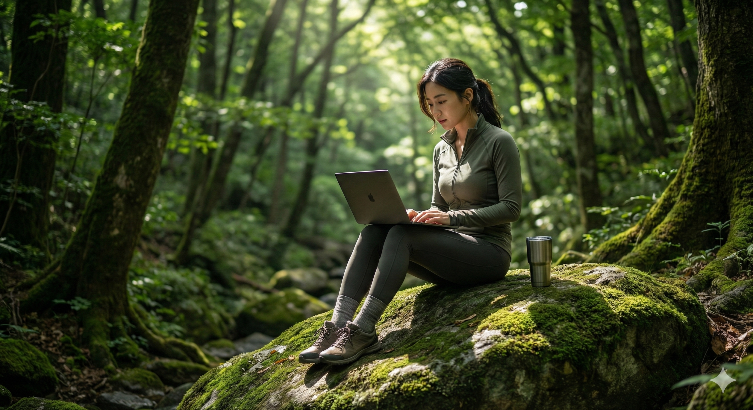 숲 속에서 자연의 영감을 받으며 열정적으로 글을 쓰는 아름다운 중년 블로거