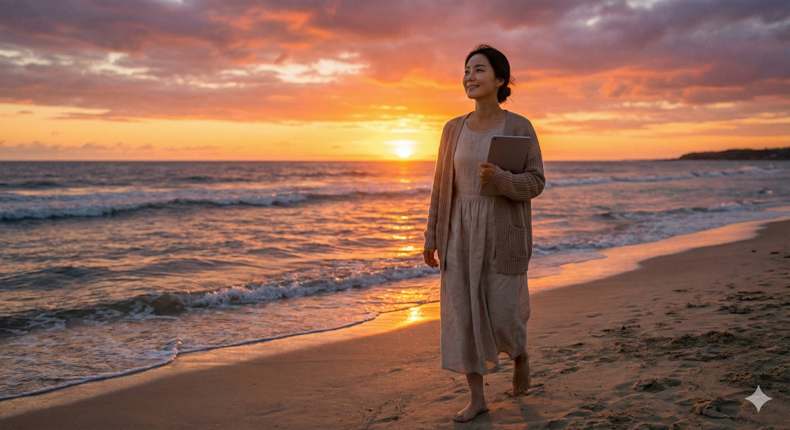 노을 지는 해변에서 자유로운 인생 2막의 성취감을 만끽하는 우아한 여성