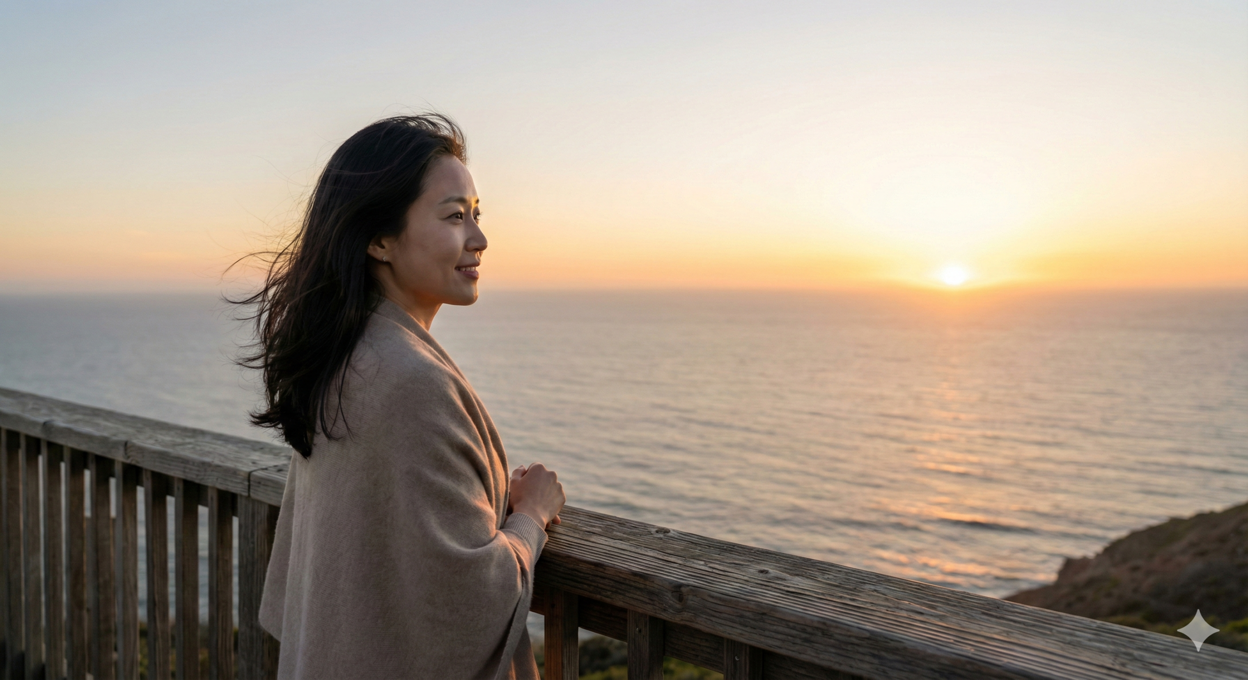 해 질 녘 수평선을 바라보며 미래에 대한 확신과 설렘으로 미소 짓고 있는 지적인 여성의 모습.