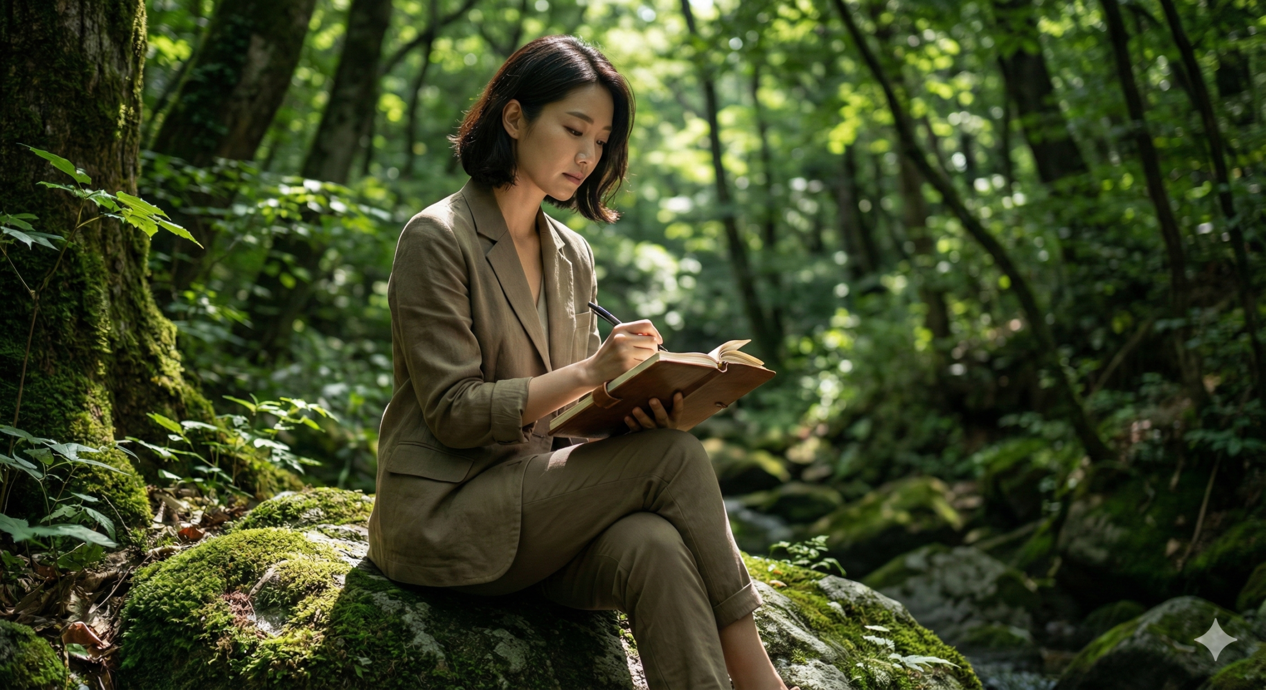 싱그러운 숲 길에서 영감을 얻으며 블로그 고수익 키워드를 구상하는 우아한 여성