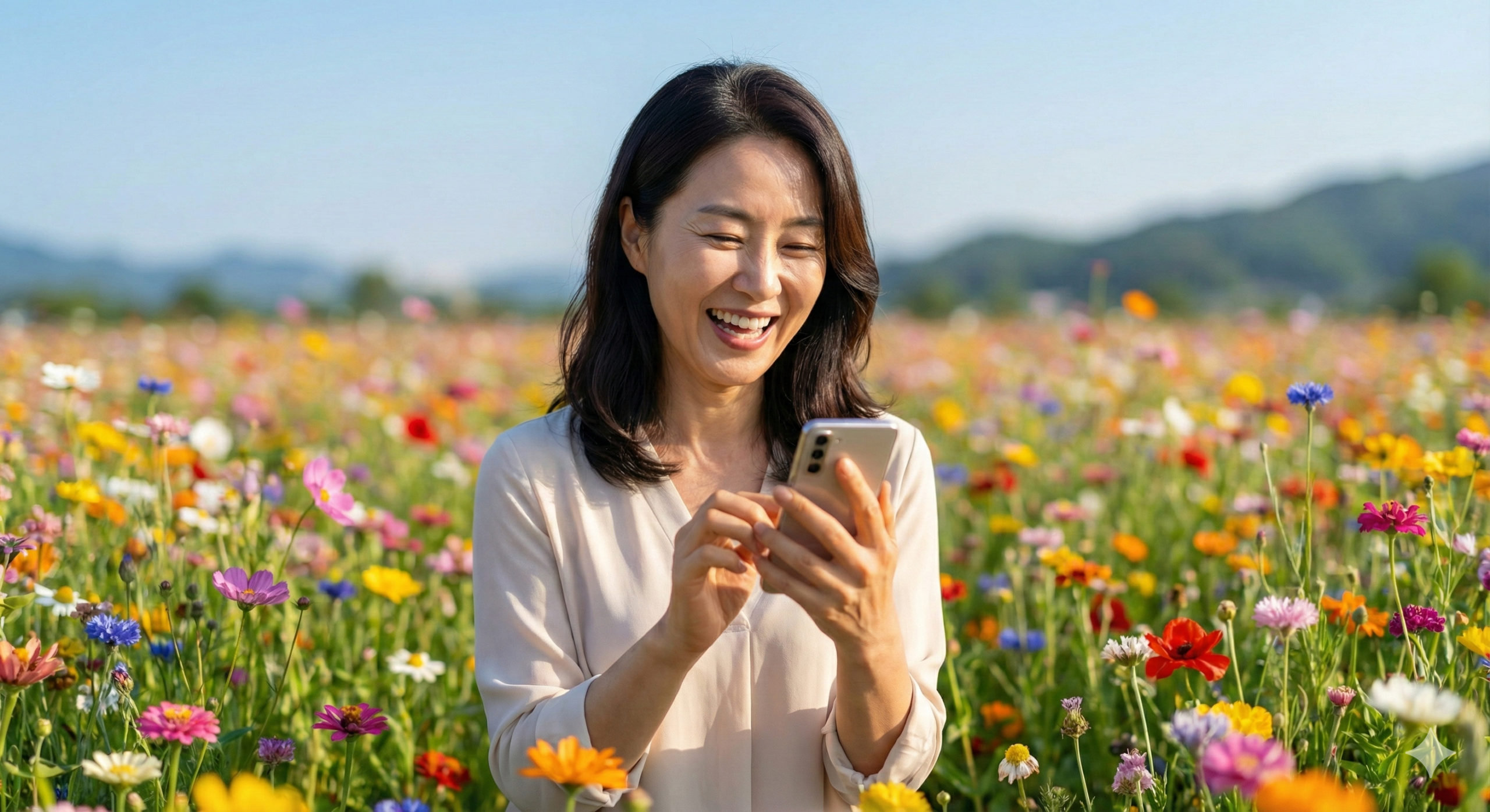 야생화가 가득한 들판에서 독자들의 댓글을 읽으며 보람을 느끼는 지적인 중년 여성