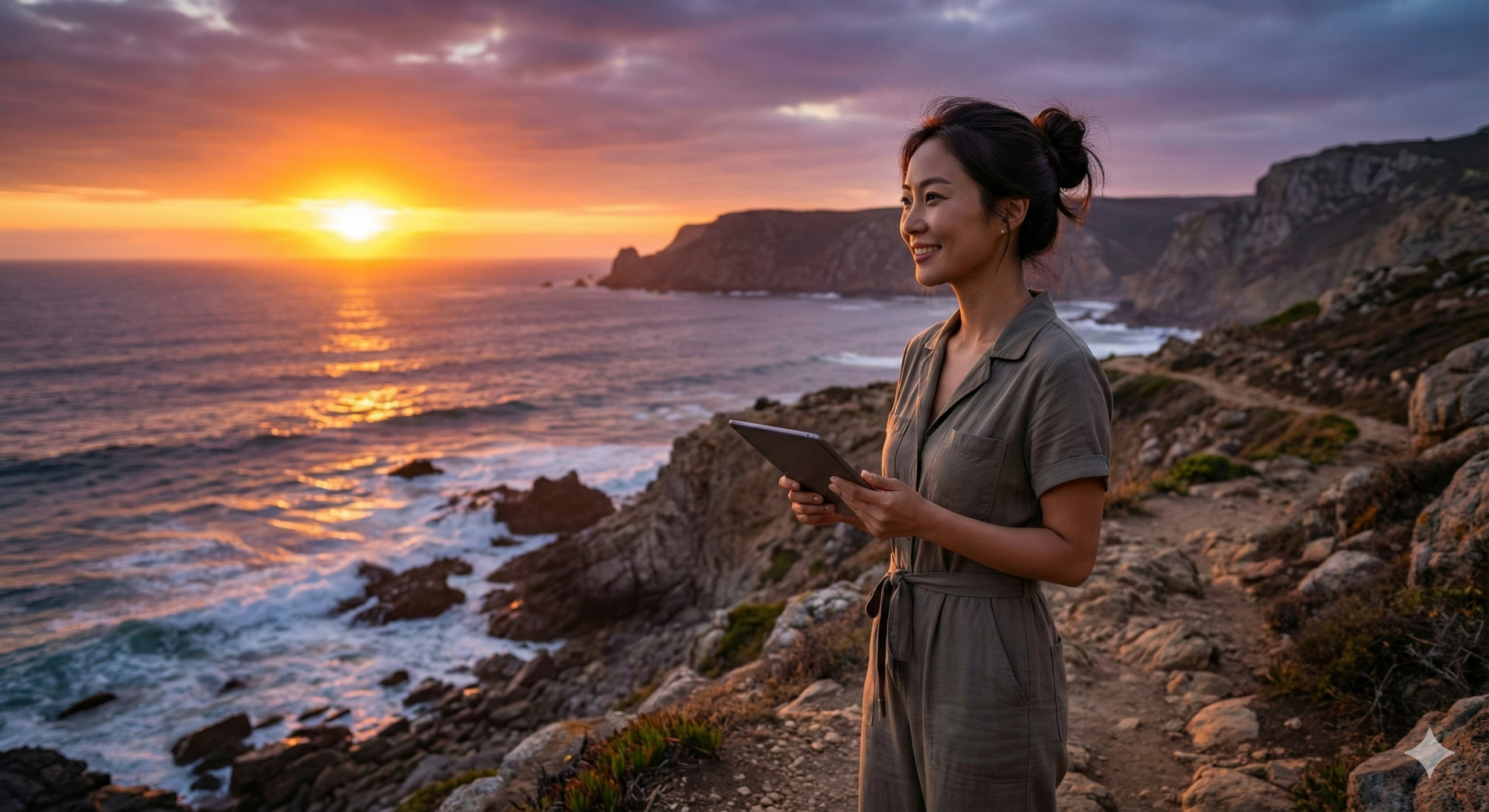 노을 지는 해변을 거닐며 연금 형 블로그가 가져다준 경제적 자유를 만끽하는 우아한 여성