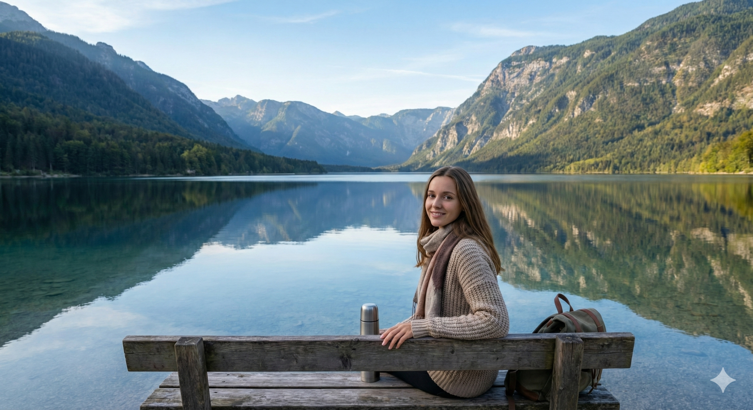 걷기 운동 후 평화로운 호수를 배경으로 안식을 취하는 아름다운 여성의 미소