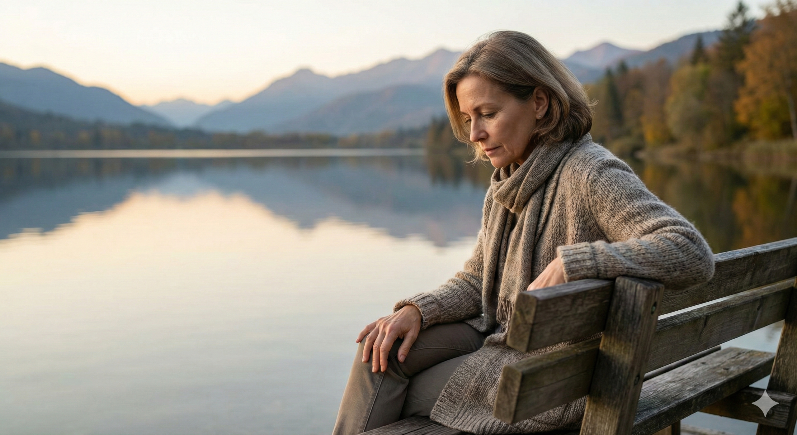 자신의 걷기 건강을 성찰하는 평화로운 호숫가의 지적인 여성 모델