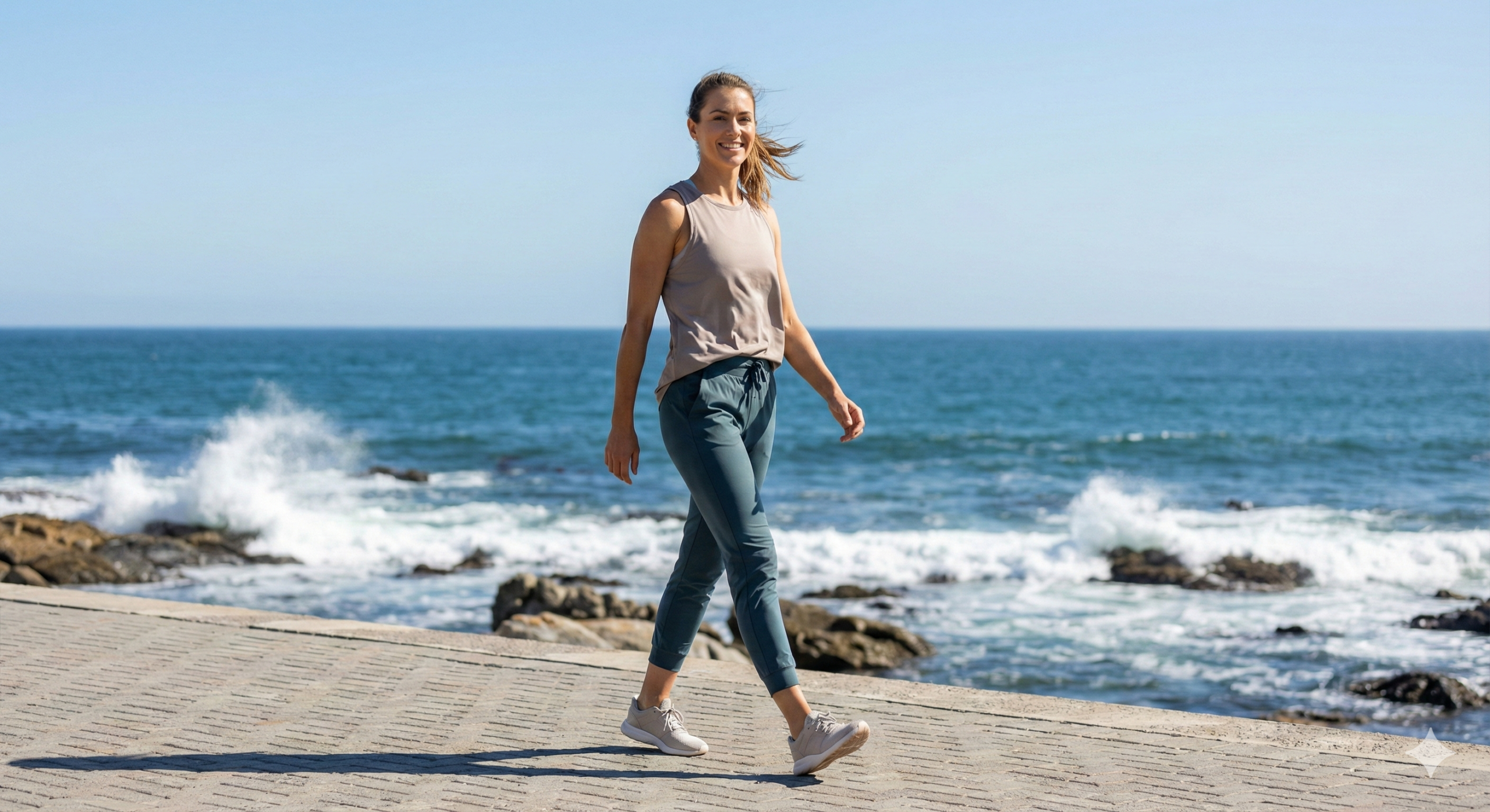 바른 걷기 자세를 실천하며 해안가를 걷는 지적인 여성 모델