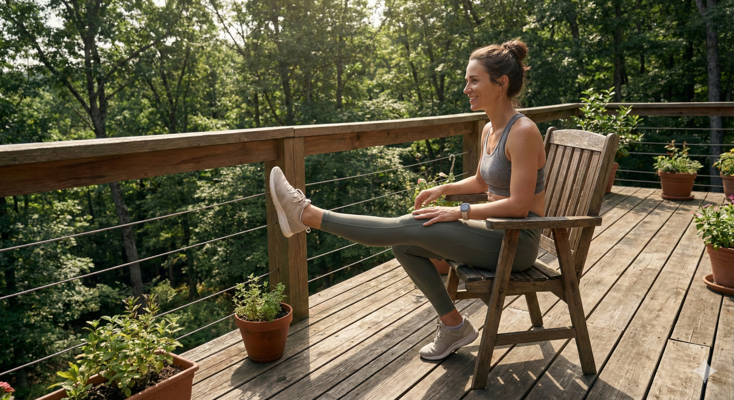 숲속 테라스에서 하체 근력 강화 운동을 실천하는 건강하고 지적인 여성 모델
