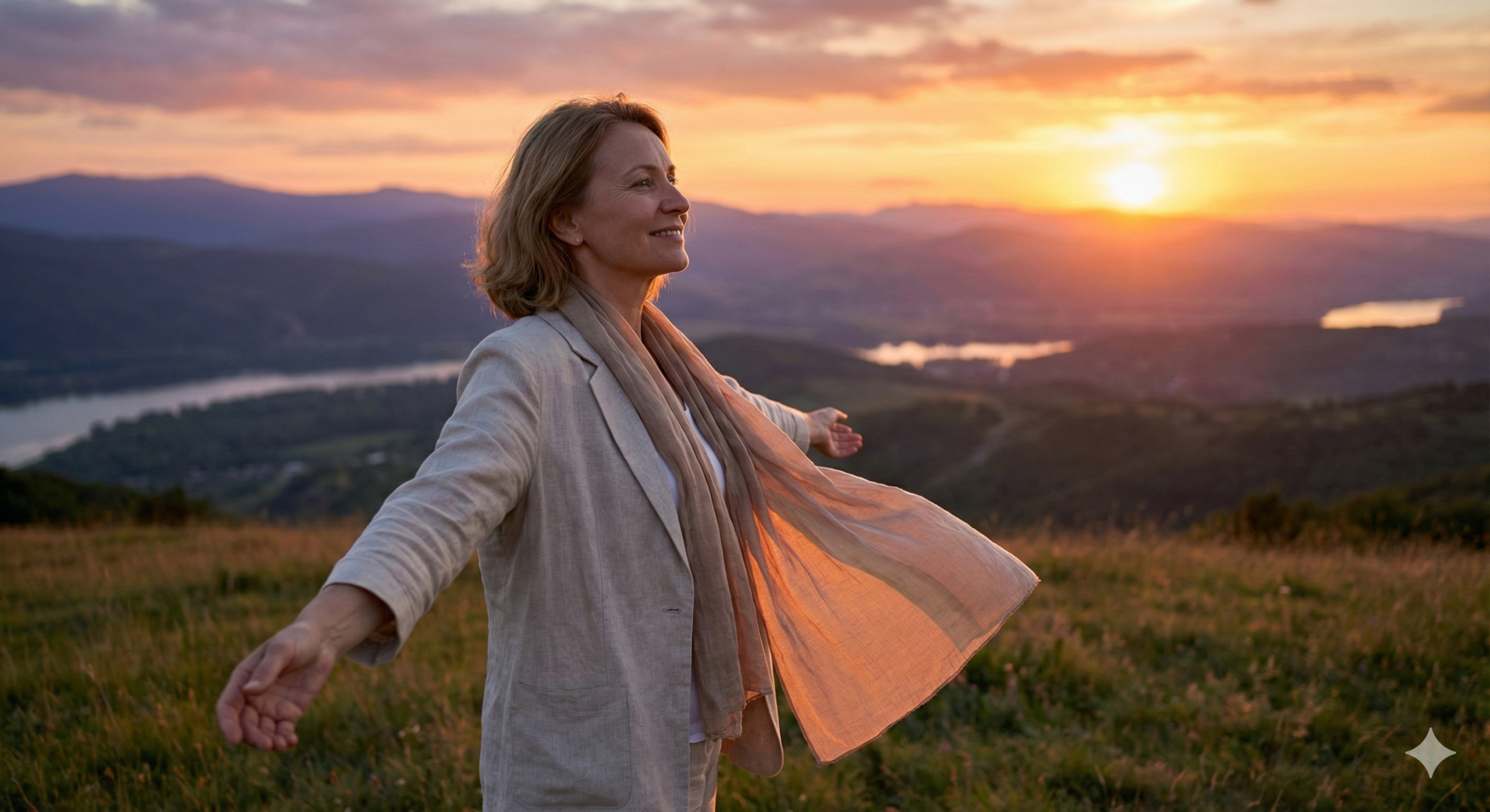 건강한 보행의 자유를 만끽하며 노을을 감상하는 지적인 여성 모델