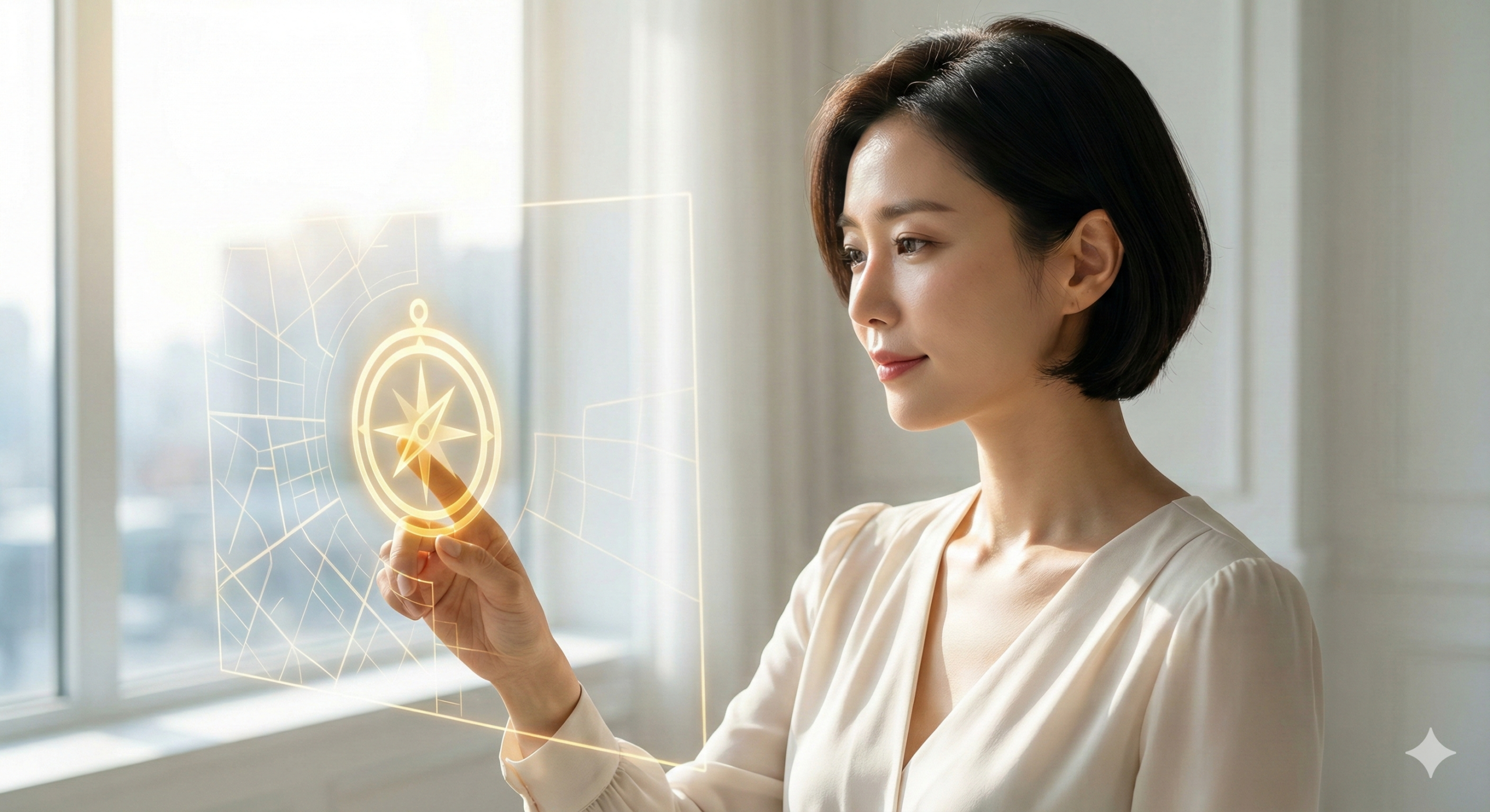미래의 생존 지도를 정교하게 분석하며 새로운 항해를 준비하는 지적이고 아름다운 여성의 모습.